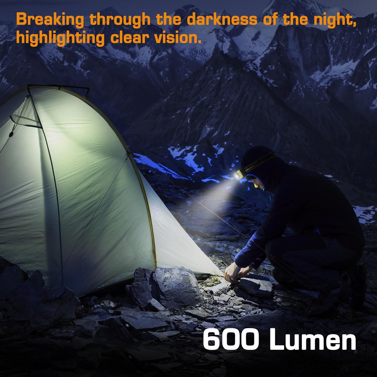 EverBrite 600 Lumen Headlamp, Rechargeable Headlight with 4 Modes, Super Bright Head Lamp with Spotlight & Floodlight, Motion Sensor, Memory Function for Camping, Hiking-Green