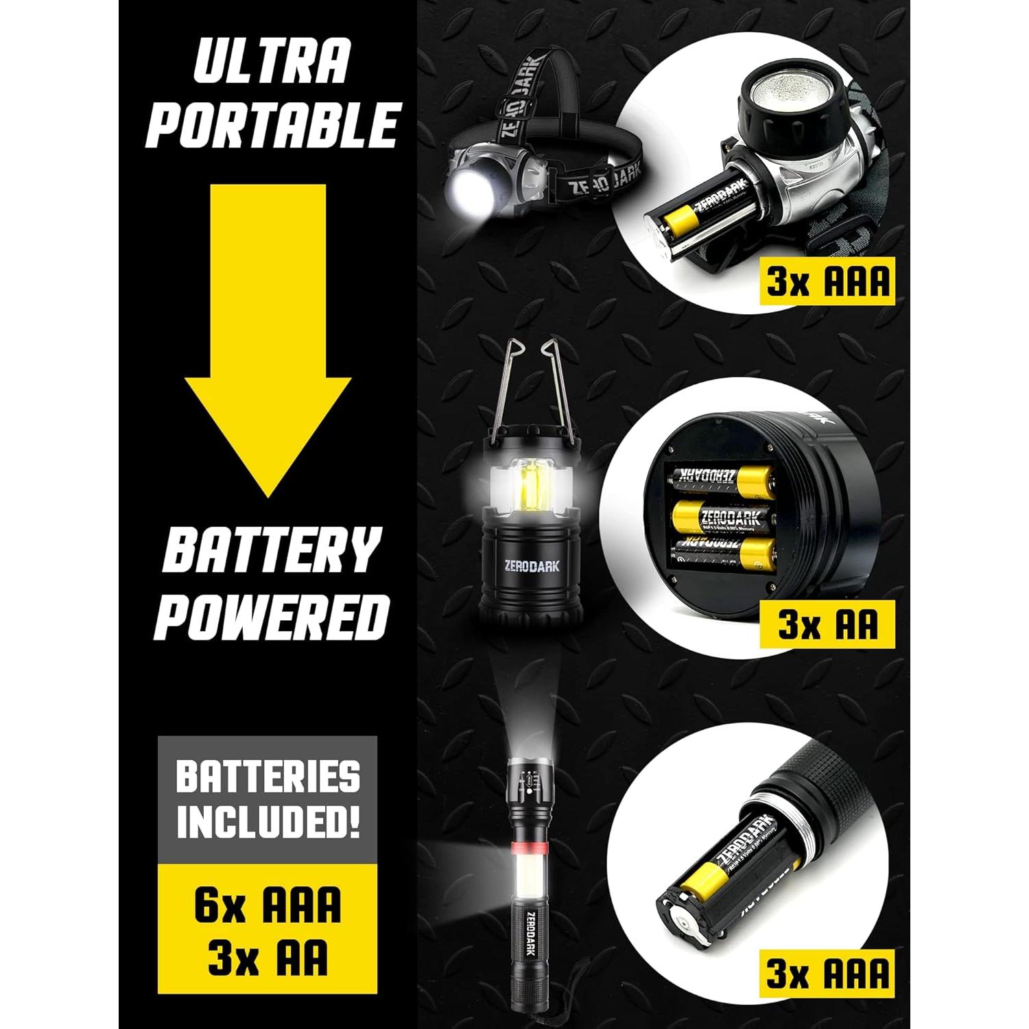 Juego de Linternas LED 3 Piezas ZeroDark - Cabeza y Camping