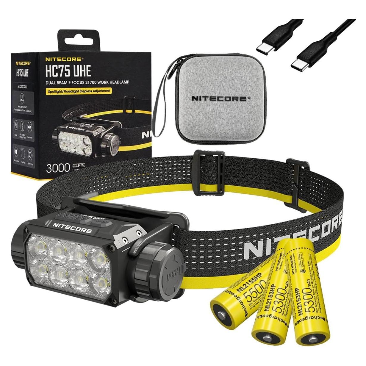 Linterna Frontal Nitecore HC75 UHE 3000 Lúmenes 192m + 2 Baterías