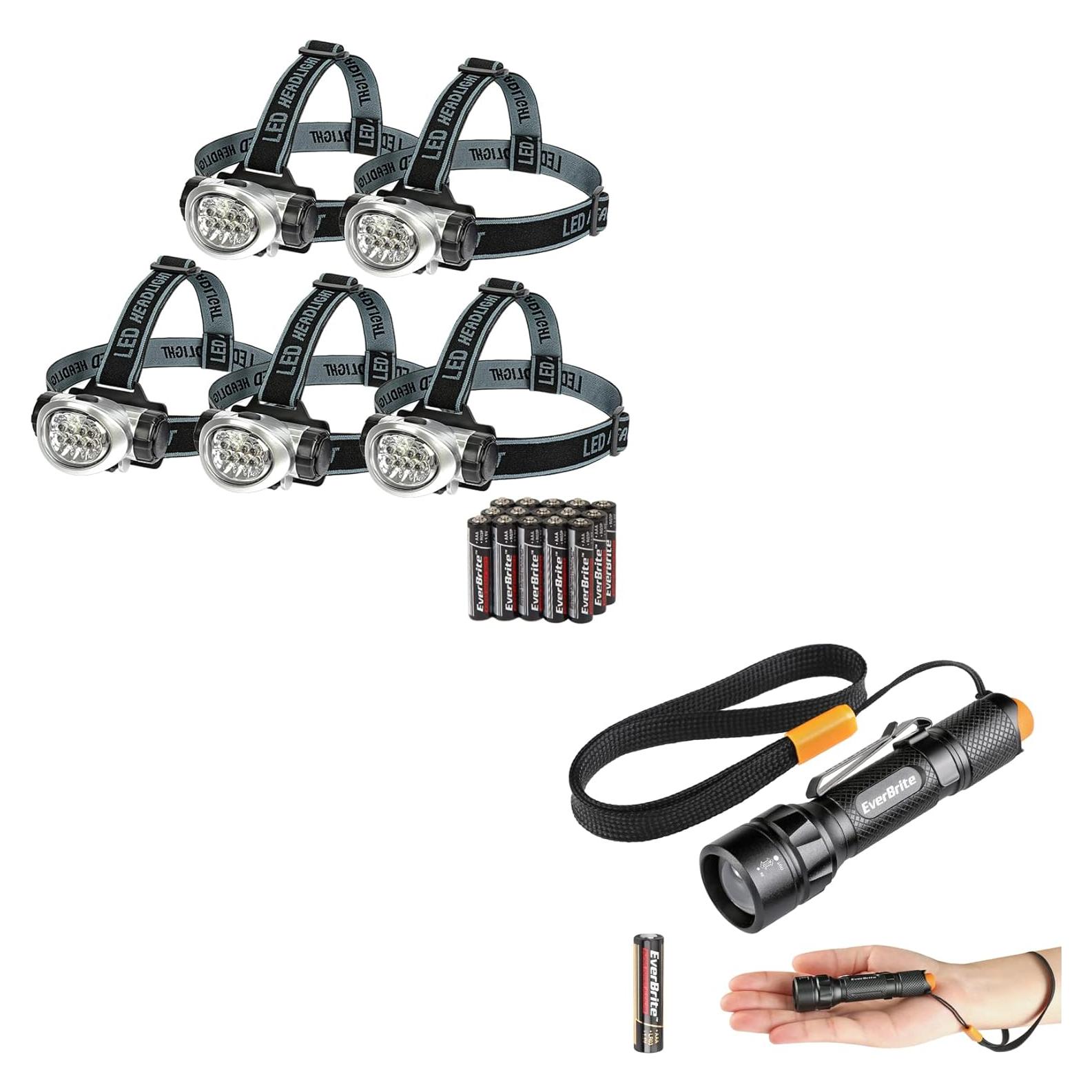 Paquete de 5 Linternas LED de Cabeza y Linterna Zoomable EverBrite