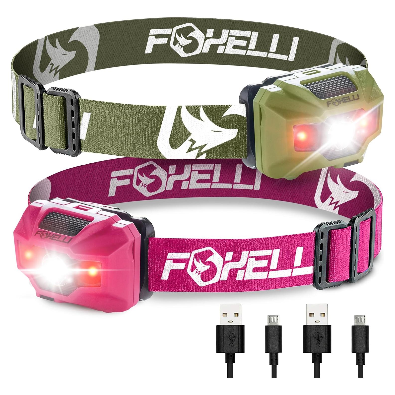 Paquete de 2 Linternas Frontales LED Foxelli - Caqui y Rosa