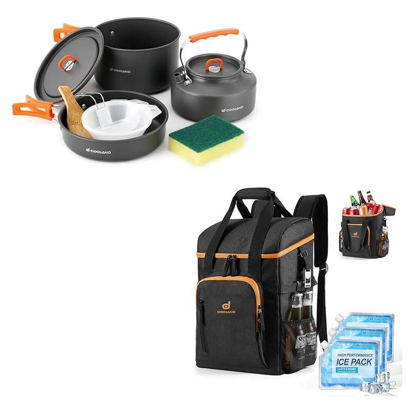 Set de Utensilios de Cocina para Camping Odoland 10 Piezas y Cooler 30 Latas