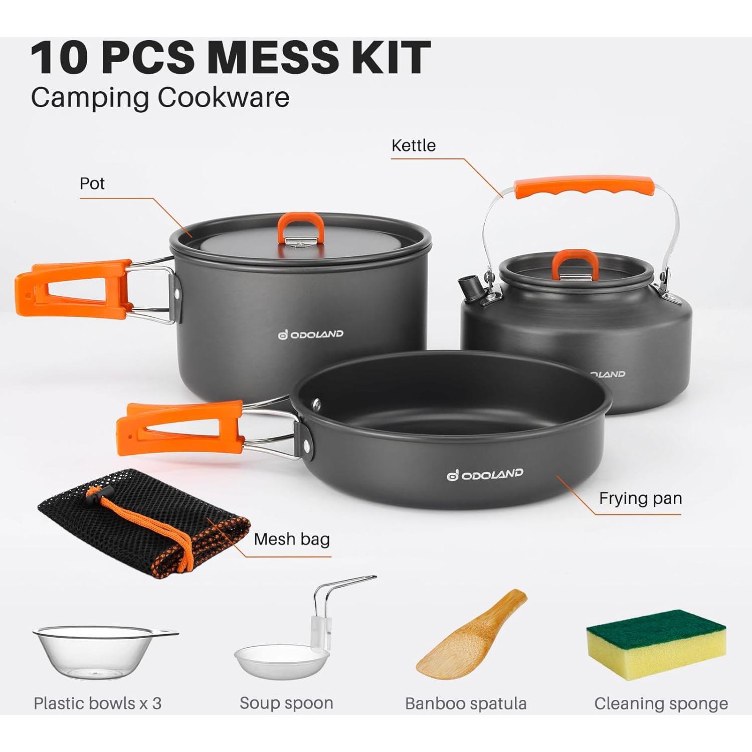 Odoland Bundle - 2 Items 10pcs Camping Cookware and Camping Cookware Set
