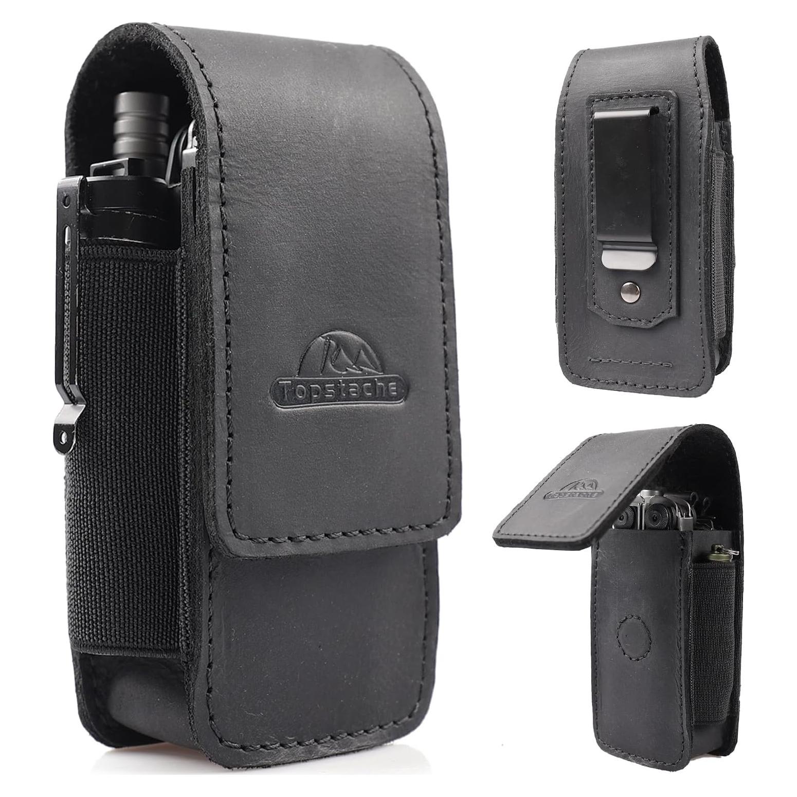 Funda Multiherramienta Topstache de Cuero Negro con Clip EDC