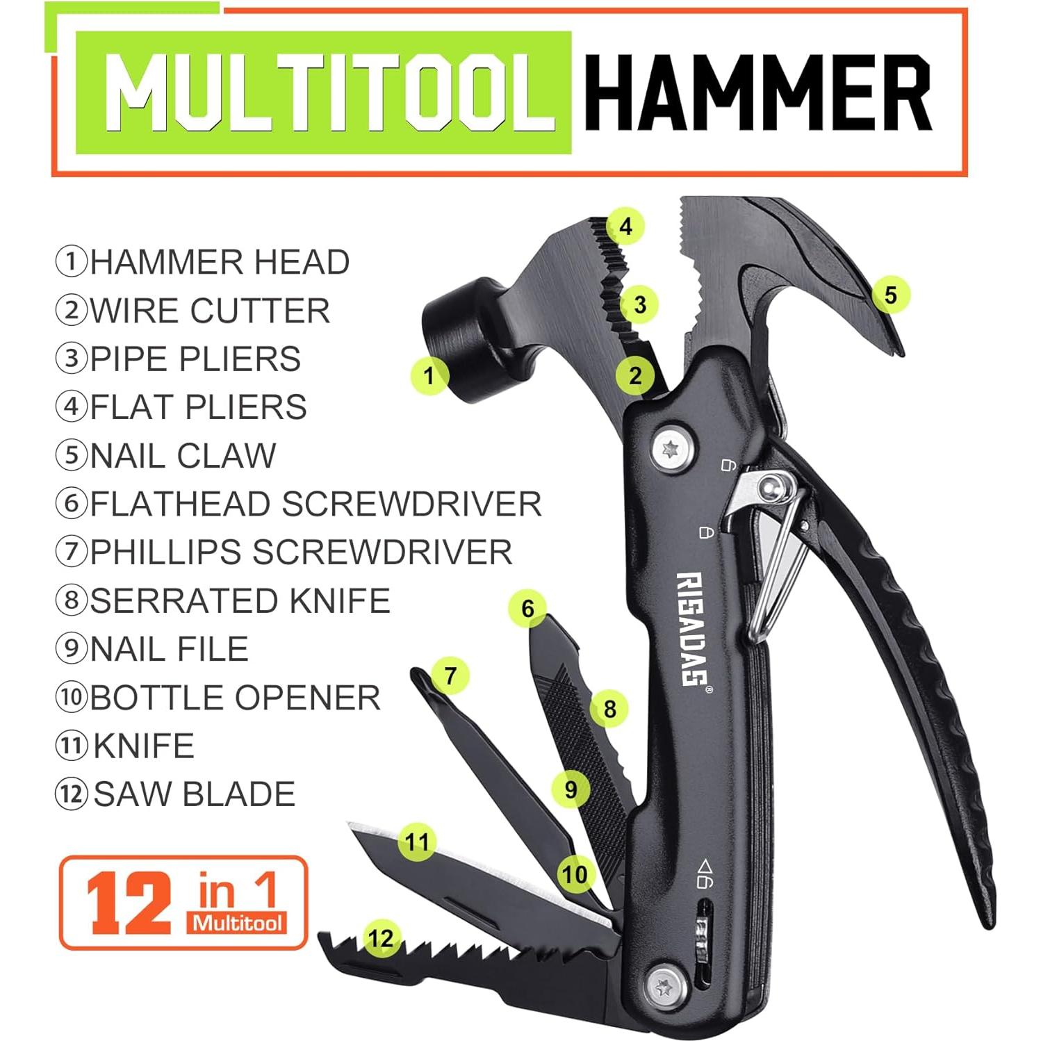 Multiherramienta 12-en-1 RISADAS con Martillo y Bolsa de Nylon