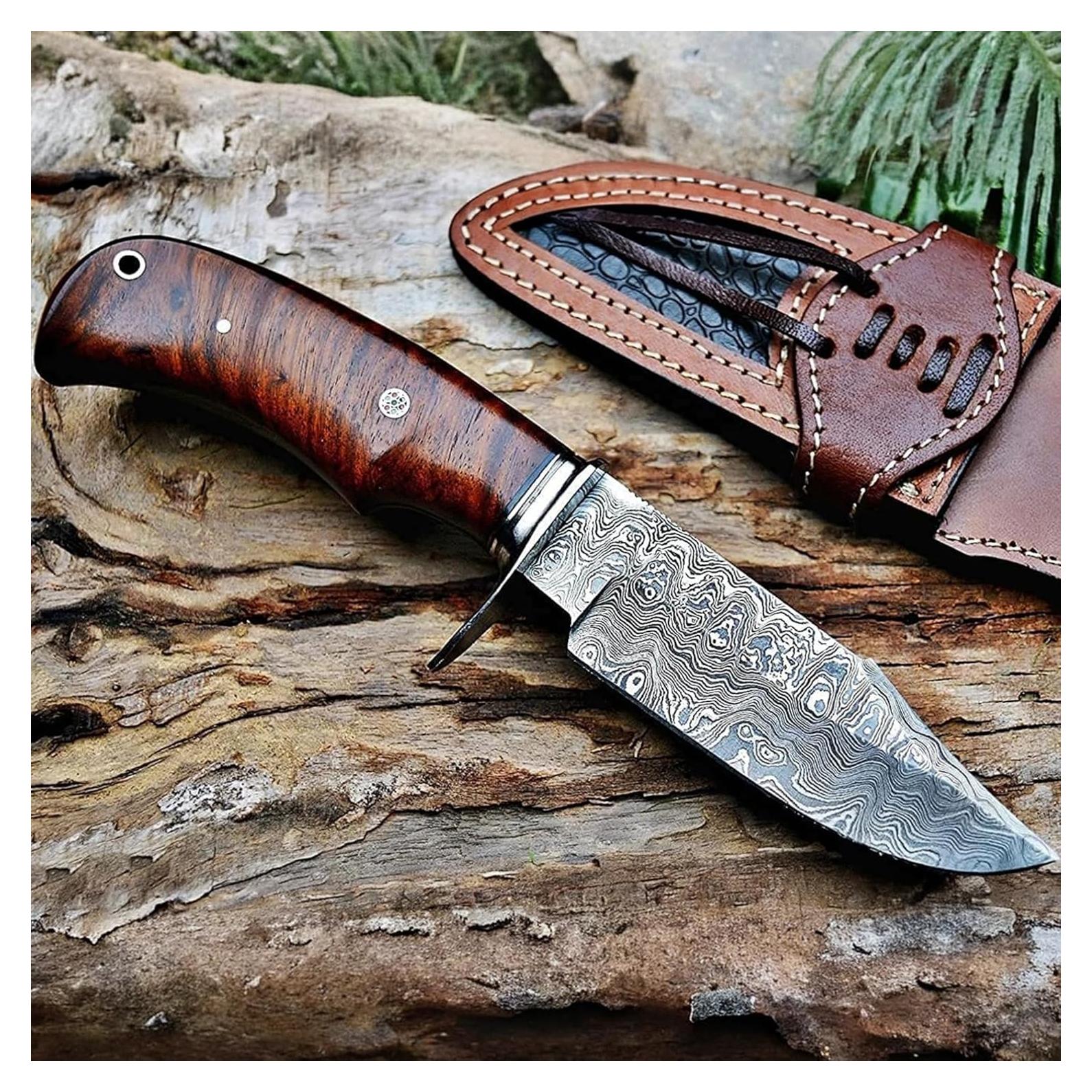 Bear Hunter - Handmade Damascus Steel Fixed Blade Knife 10" - Walnut Wood Handle & Leather Sheath - Bushcraft Outdoor Camping Skinning & Survival EDC Knife - Collector Hunter Gifts for Men