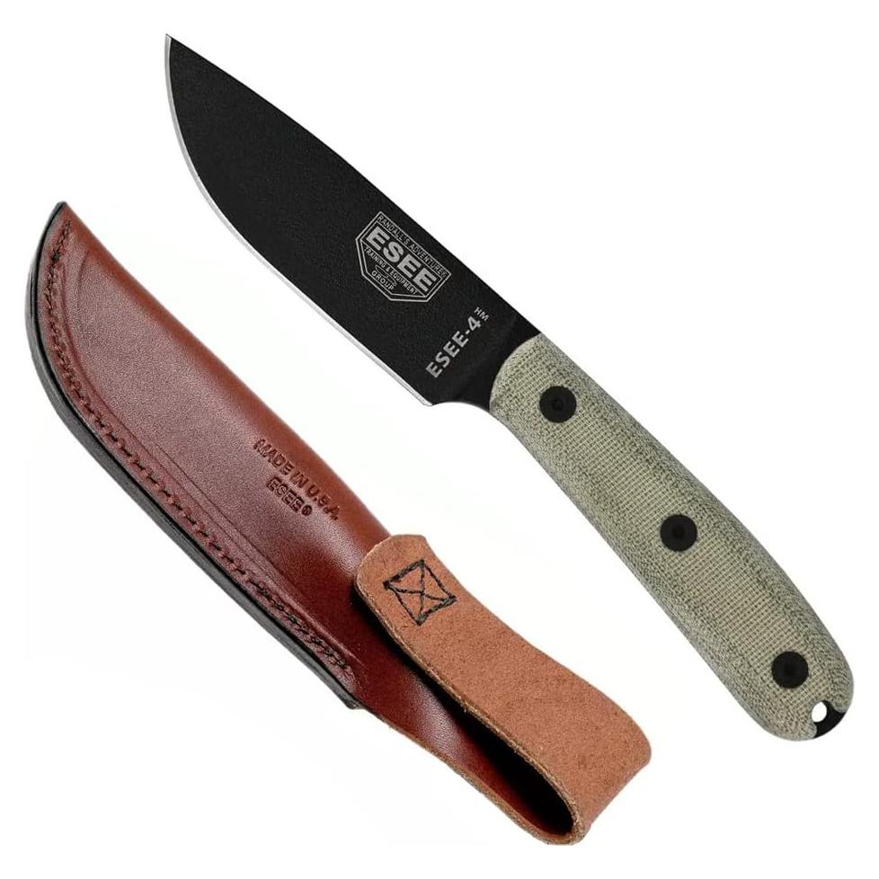 ESEE Authentic Model 4HM Fixed Blade Knife, Black Powder Blade, Micarta Handle, Leather Sheath