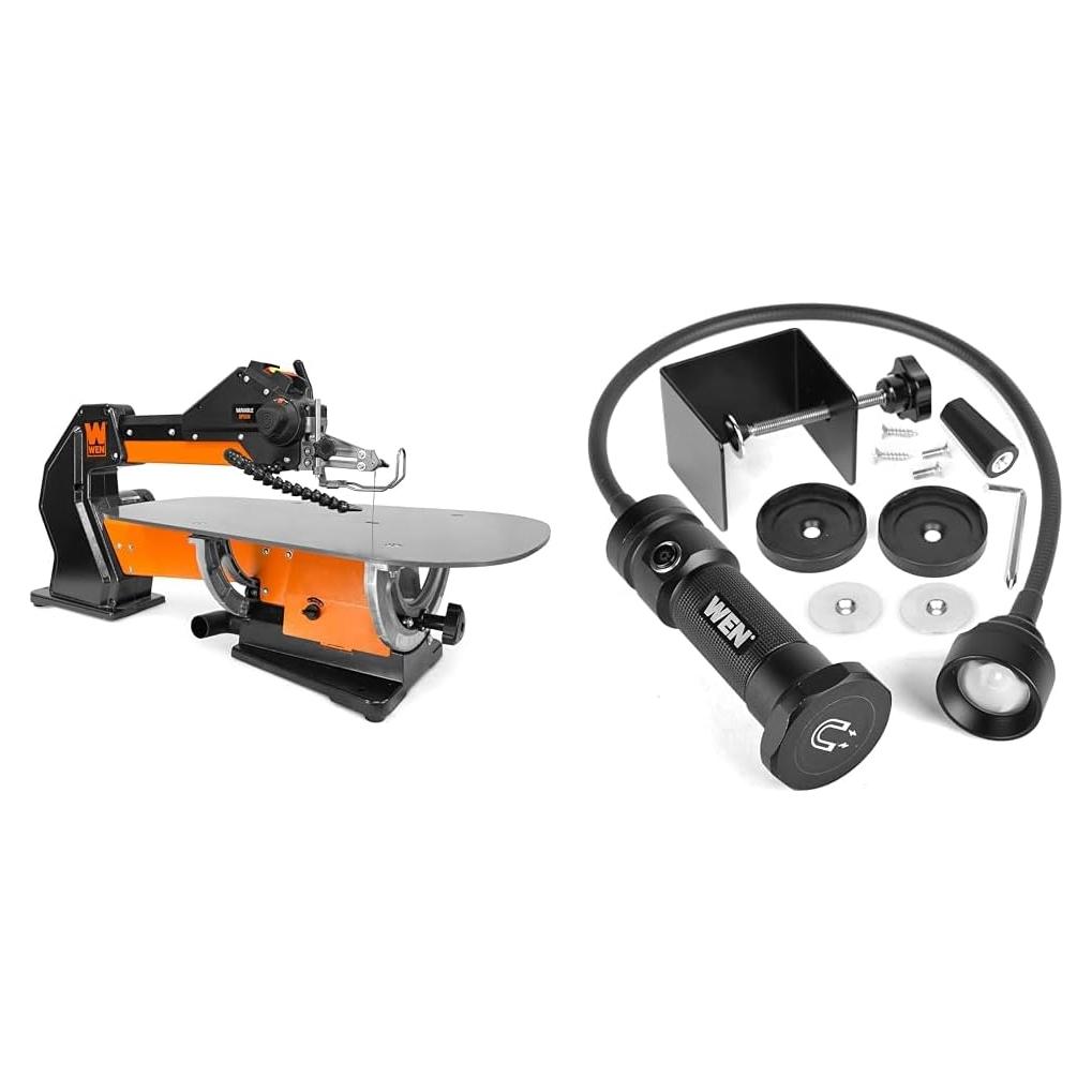 WEN LL2156 21-Inch 1.6-Amp Variable Speed Parallel Arm Scroll Saw with Extra-Large Dual-Bevel Steel Table, Black Orange & WA120L 24-Inch Flexible Magnetic LED Task and Work Light Kit, Black