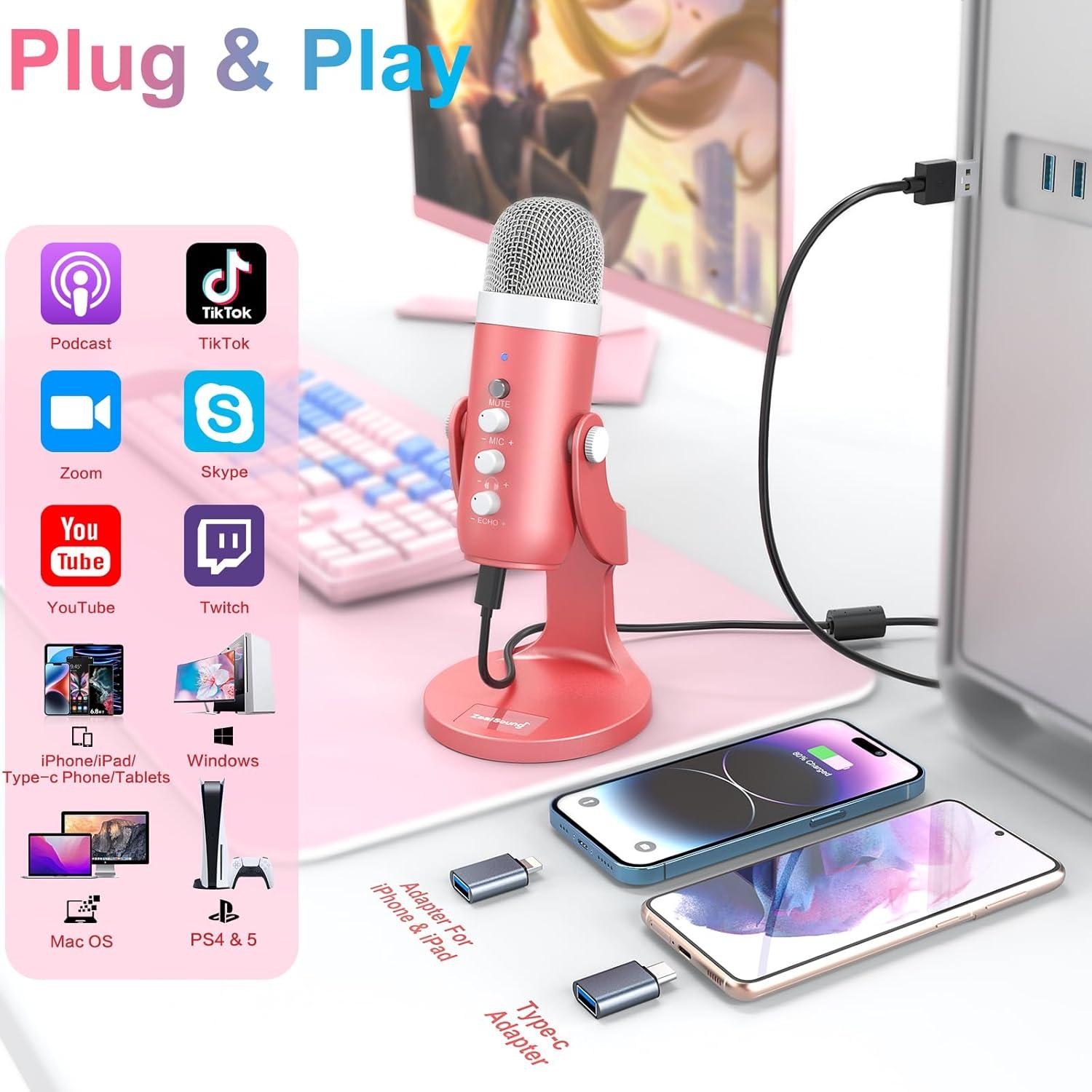 Micrófono USB ZealSound K66 Rosa Perlescente con Control de Volumen
