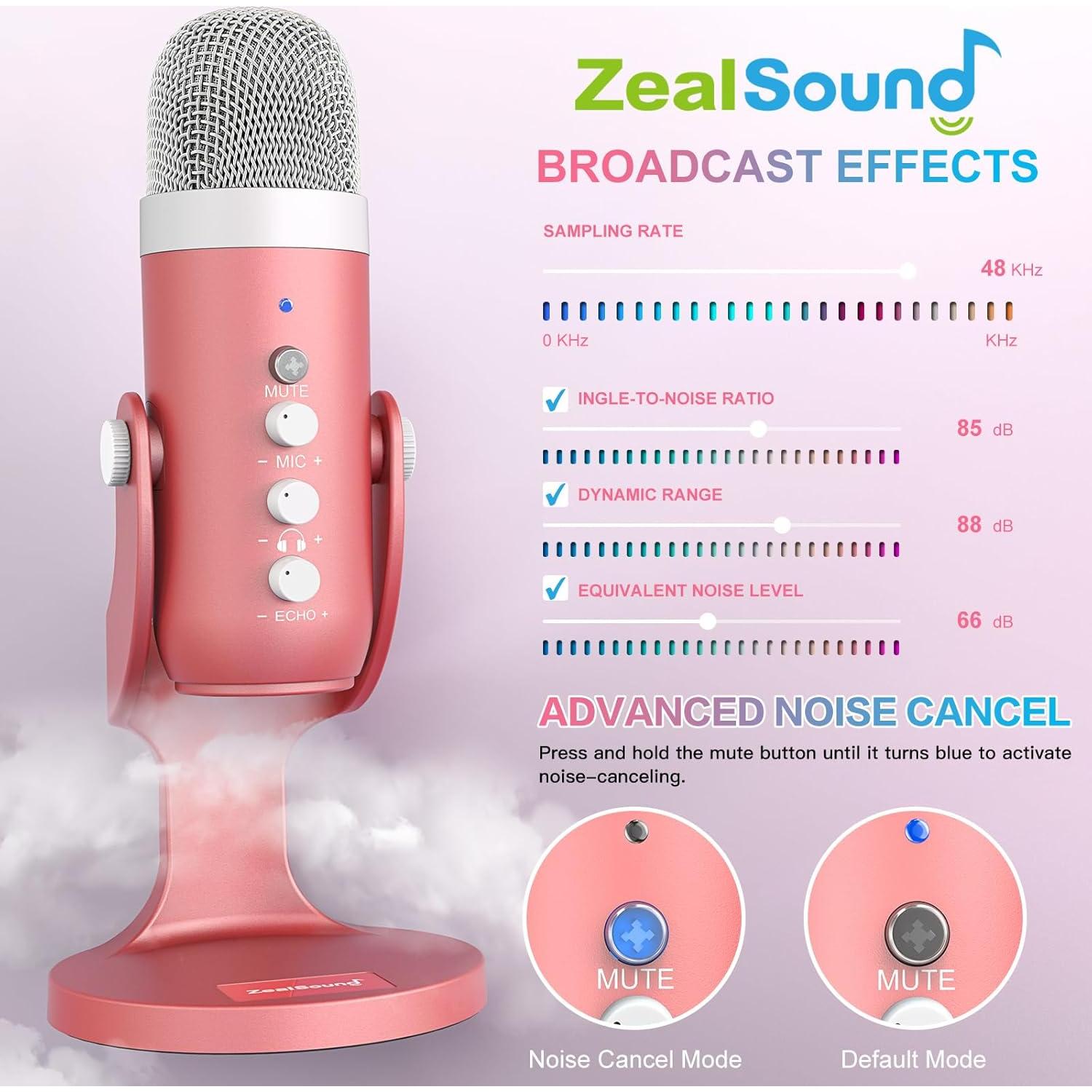 Micrófono USB ZealSound K66 Rosa Perlescente con Control de Volumen