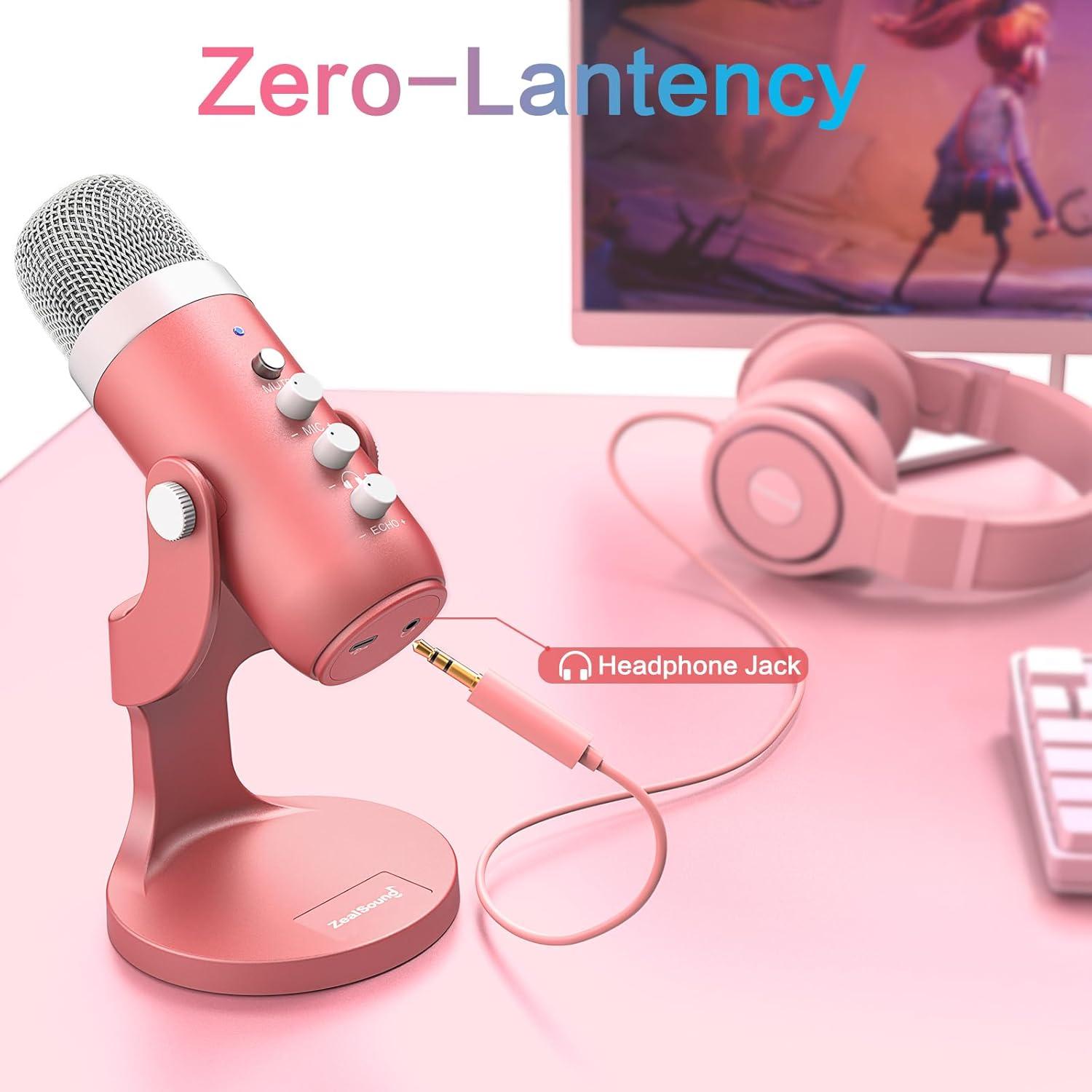 Micrófono USB ZealSound K66 Rosa Perlescente con Control de Volumen