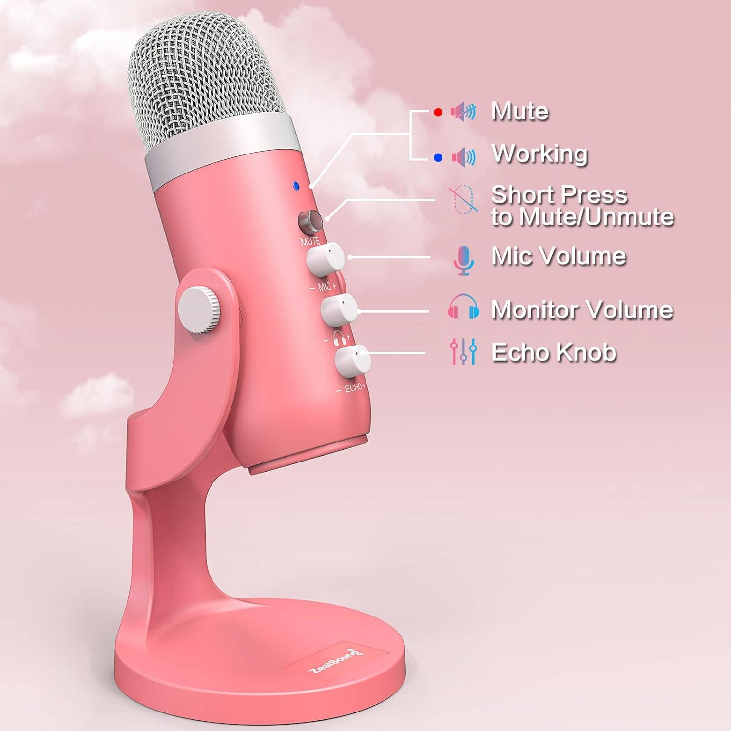 Micrófono USB ZealSound K66 Rosa Perlescente con Control de Volumen