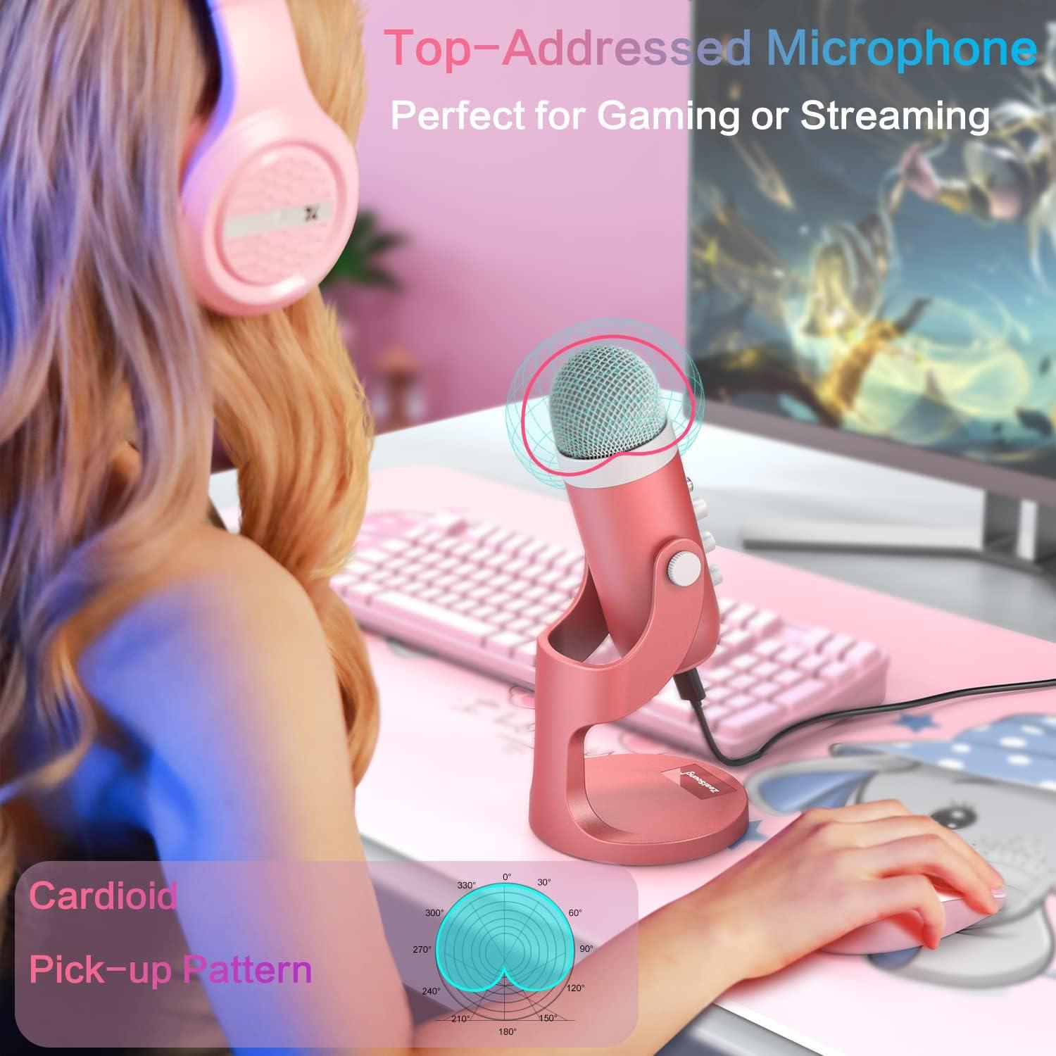 Micrófono USB ZealSound K66 Rosa Perlescente con Control de Volumen