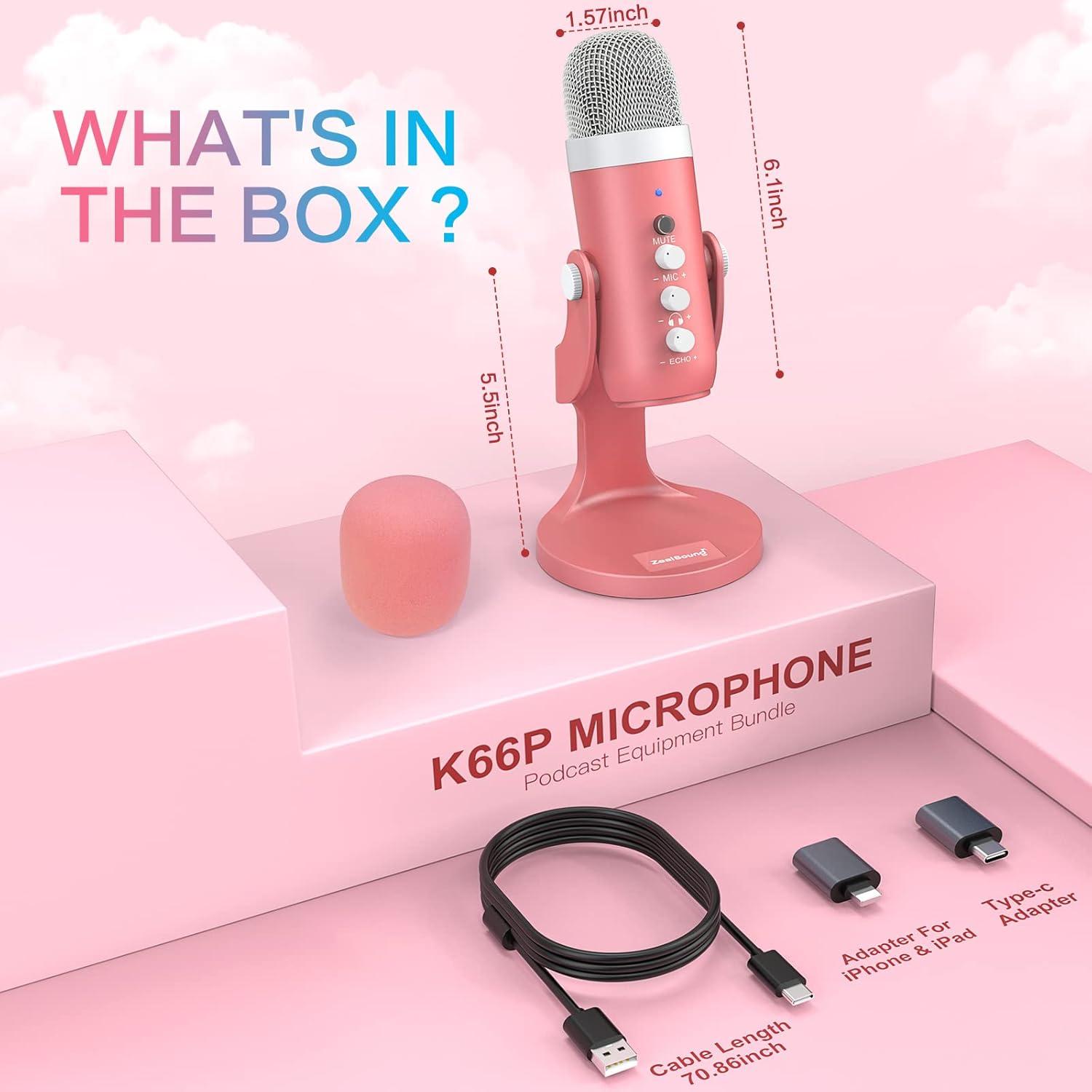 Micrófono USB ZealSound K66 Rosa Perlescente con Control de Volumen