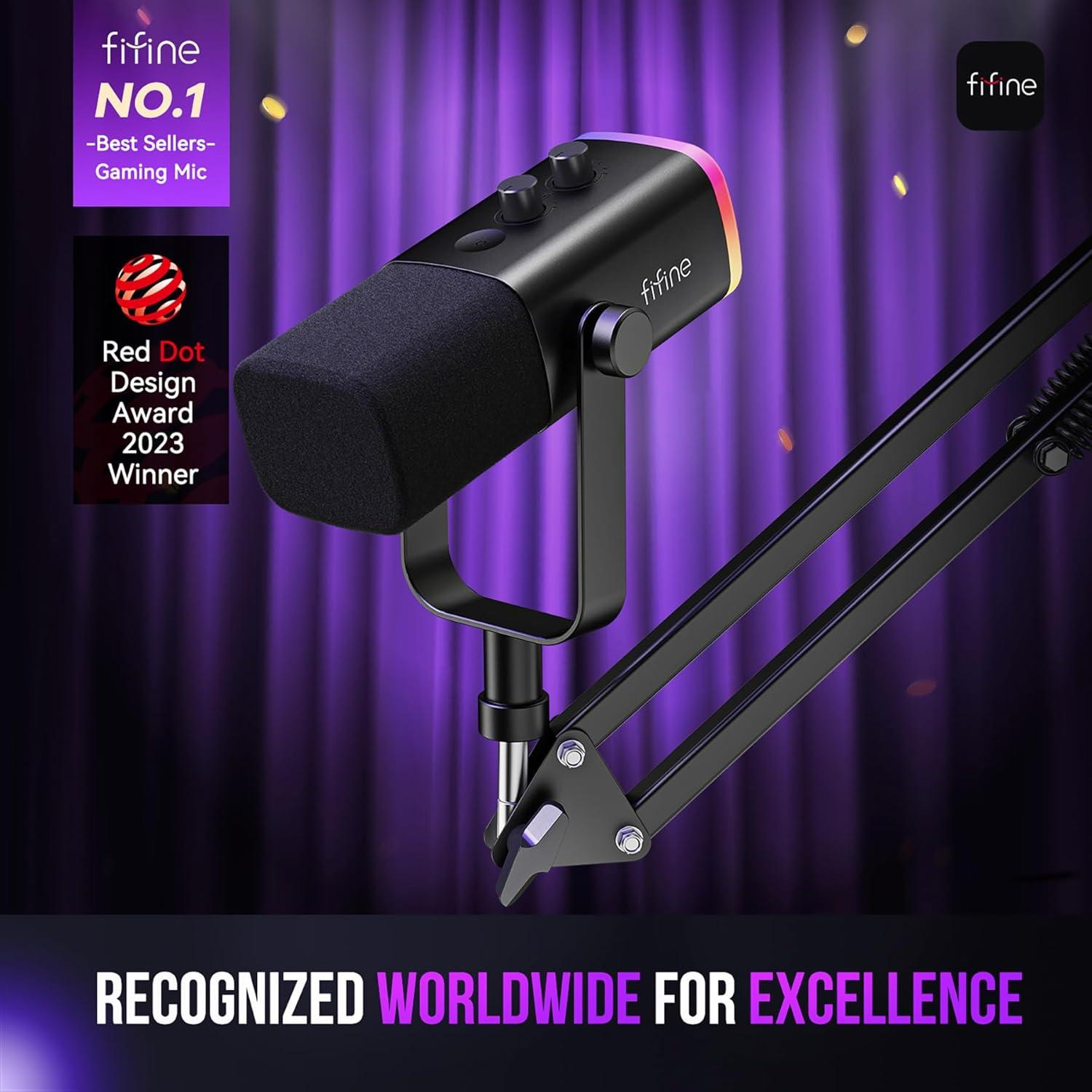 Micrófono Dinámico USB/XLR FIFINE AM8T con Soporte y RGB