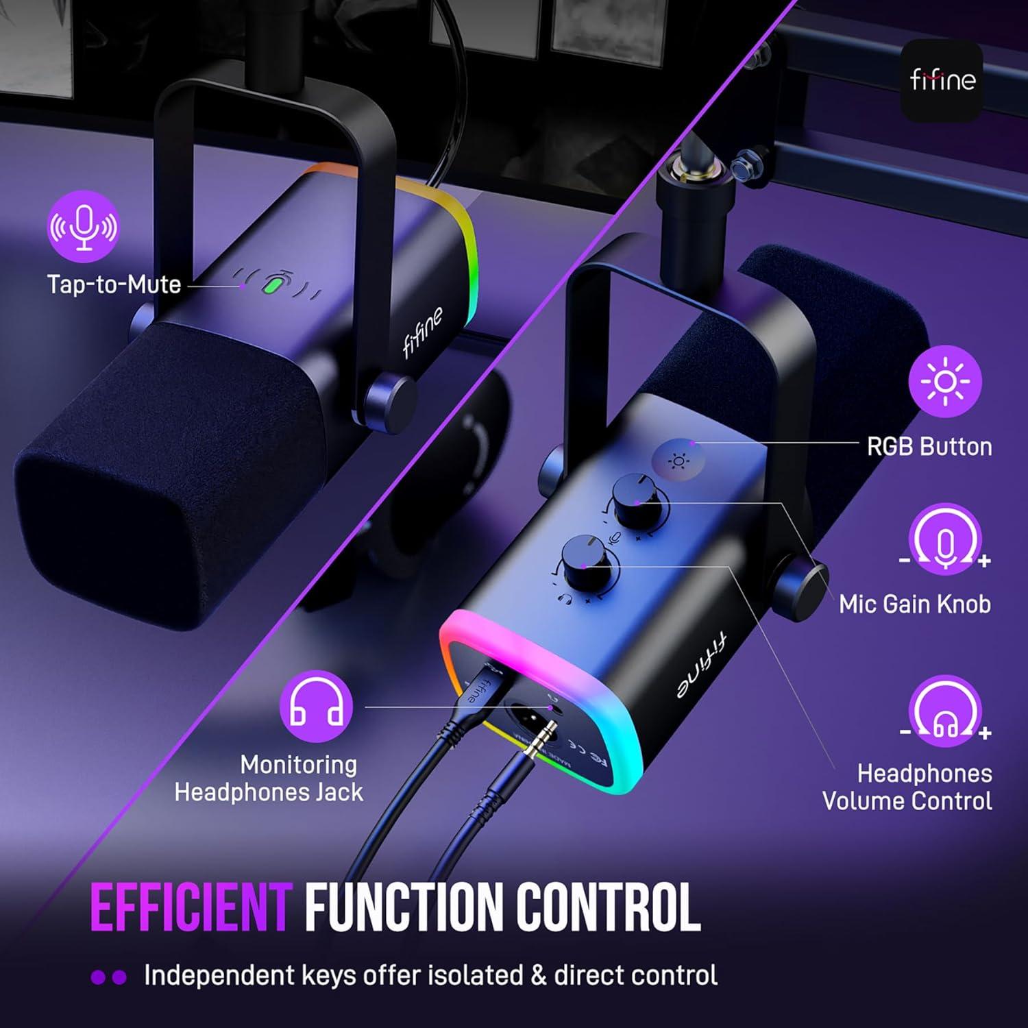 Micrófono Dinámico USB/XLR FIFINE AM8T con Soporte y RGB