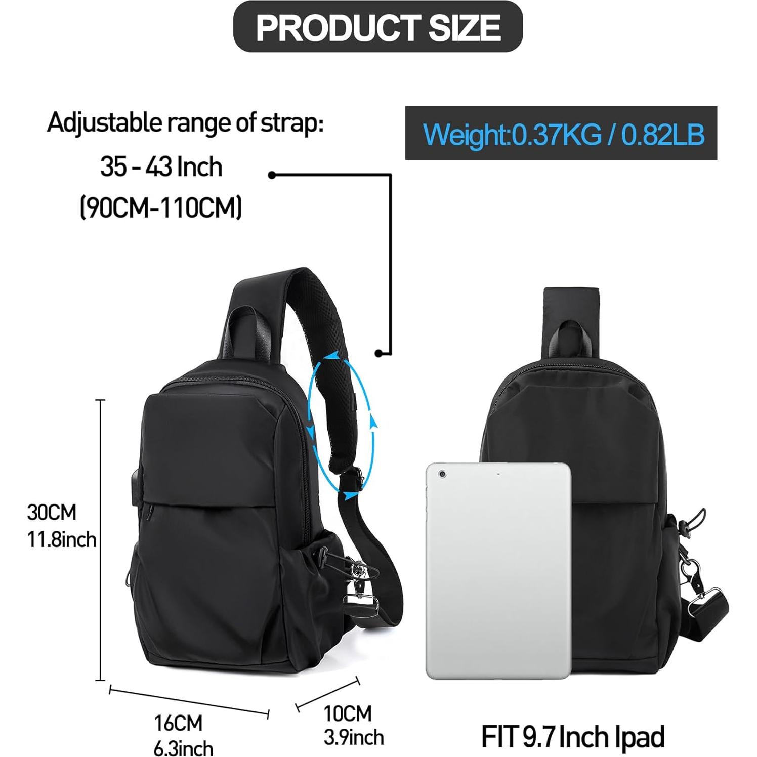 Mochila Cruzada Negra SEAFEW Unisex 30x22x10cm con Carga USB