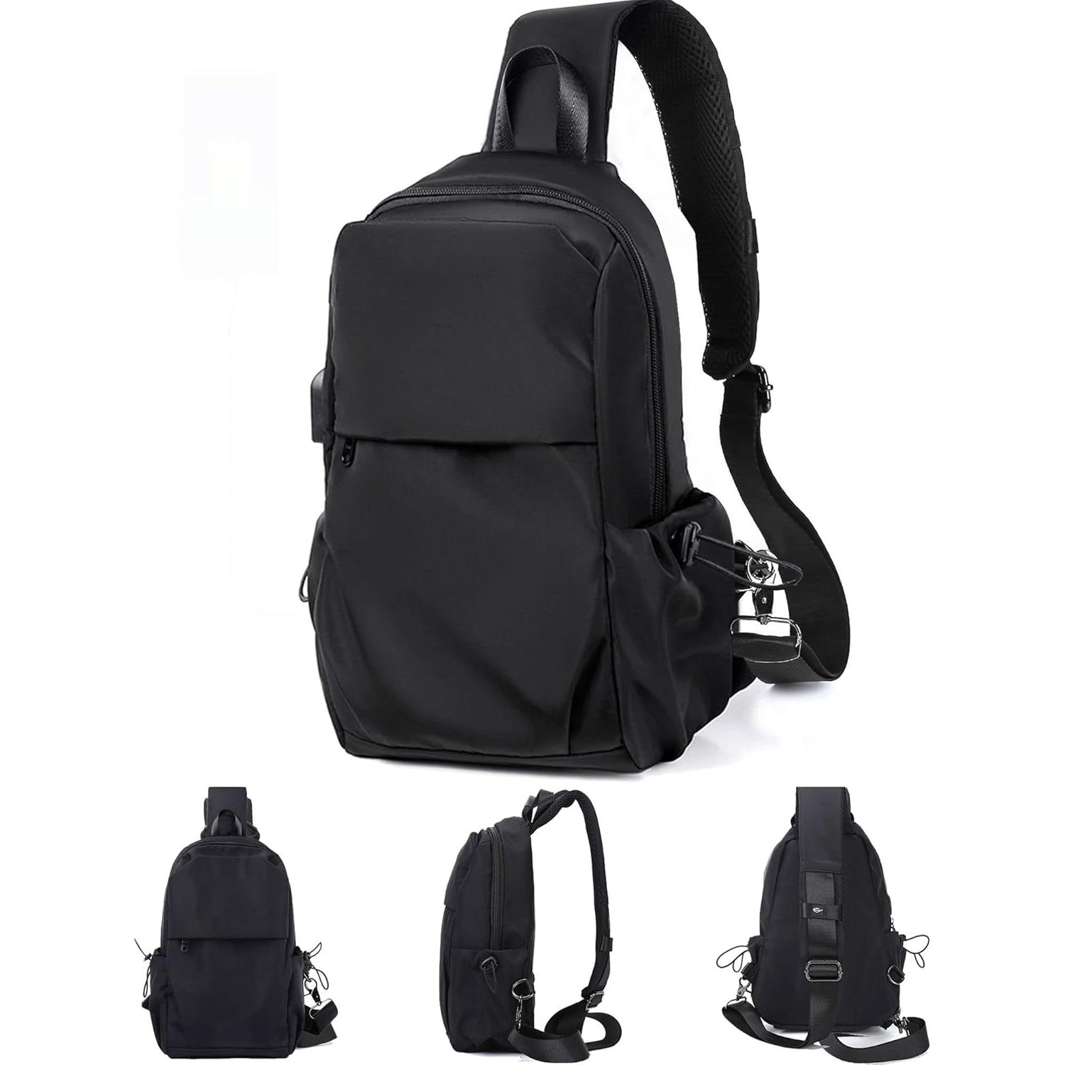 Mochila Cruzada Negra SEAFEW Unisex 30x22x10cm con Carga USB