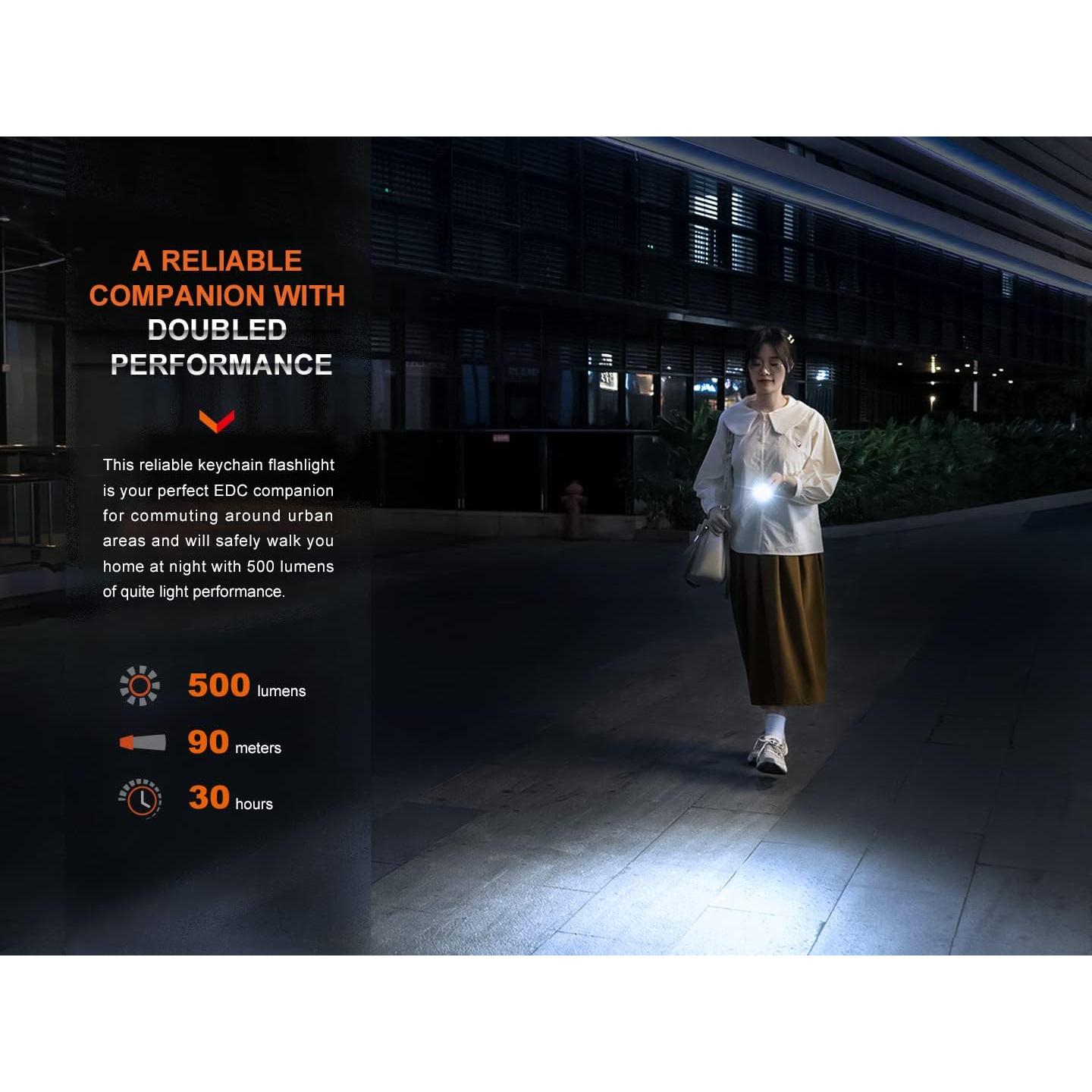 Fenix E03R v2.0 Keychain Flashlight Premium Pack, Rose Red, 500 Lumen Bright USB-C Rechargeable EDC with Red LED and Organizer