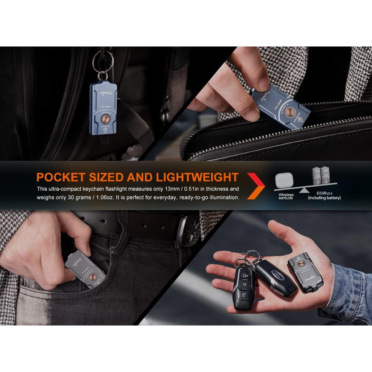 Fenix E03R v2.0 Keychain Flashlight Premium Pack, Rose Red, 500 Lumen Bright USB-C Rechargeable EDC with Red LED and Organizer