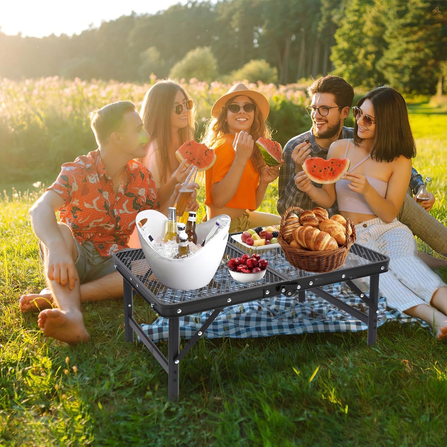 QuliMetal Small Portable Folding Grill Table with Adjustable Height & Mesh Desktop, Lightweight Camping Table – Perfect for BBQ, Picnic, Beach, & Indoor Use – Compact, Durable & Easy to Carry, Black