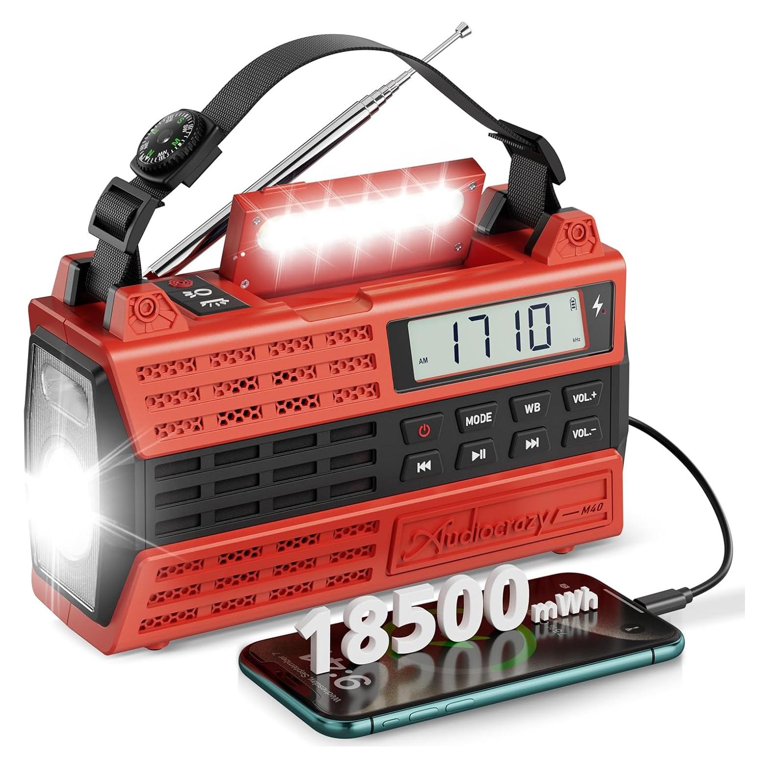 Radio de Emergencia Audiocrazy AM/FM/NOAA 5000mAh Solar Manivela