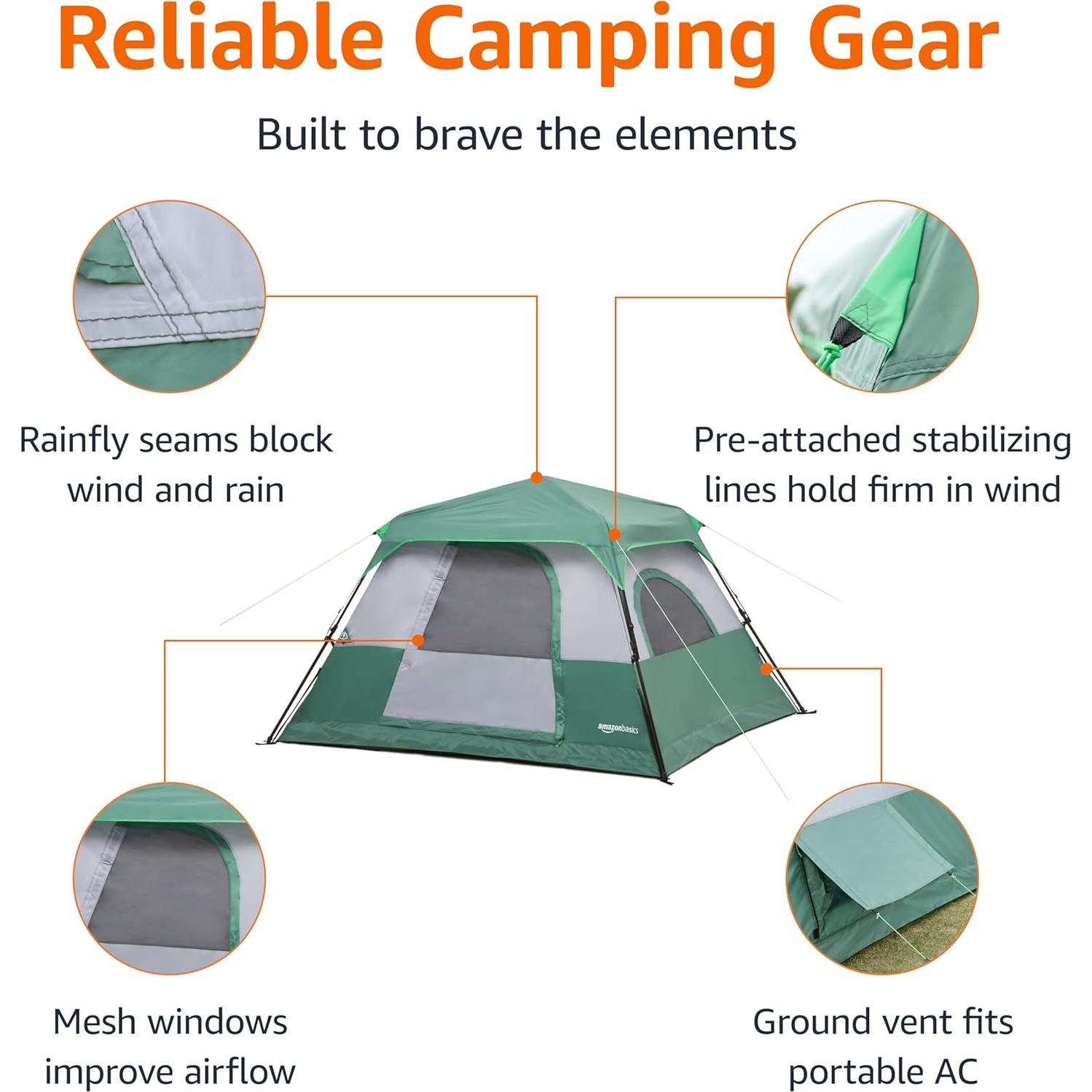 Amazon Basics Instant Camping Tent with Rainfly, Weather-Resistant, Quick Setup