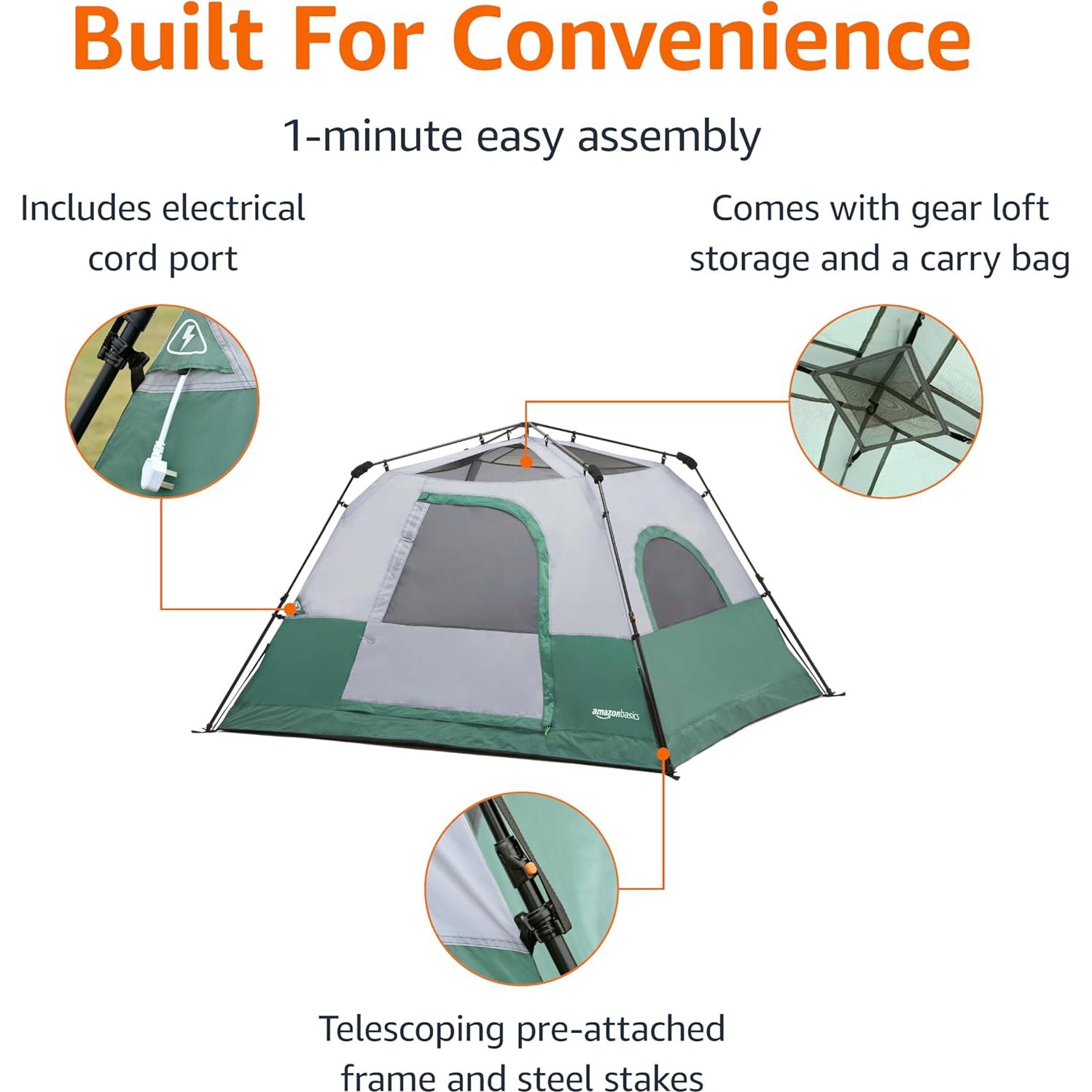 Amazon Basics Instant Camping Tent with Rainfly, Weather-Resistant, Quick Setup