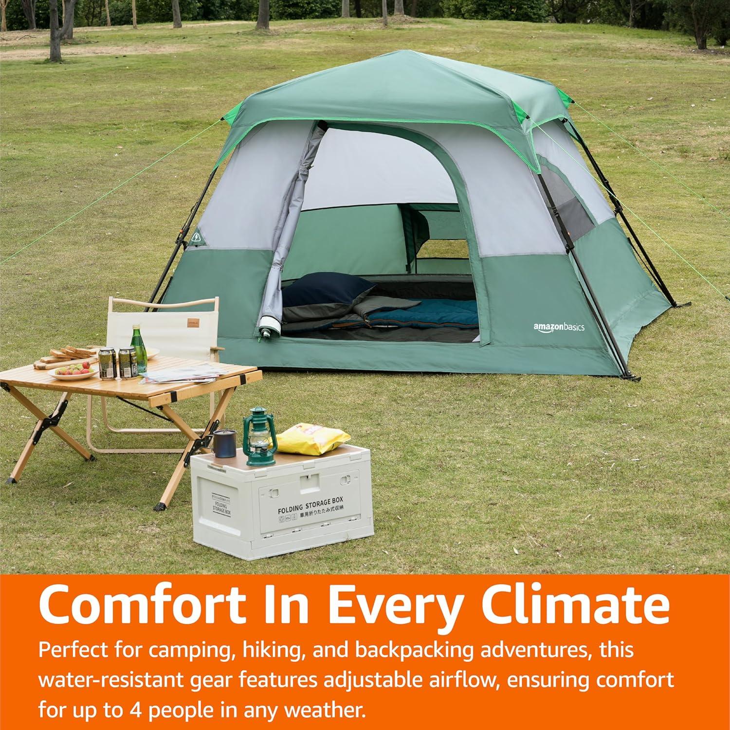 Amazon Basics Instant Camping Tent with Rainfly, Weather-Resistant, Quick Setup
