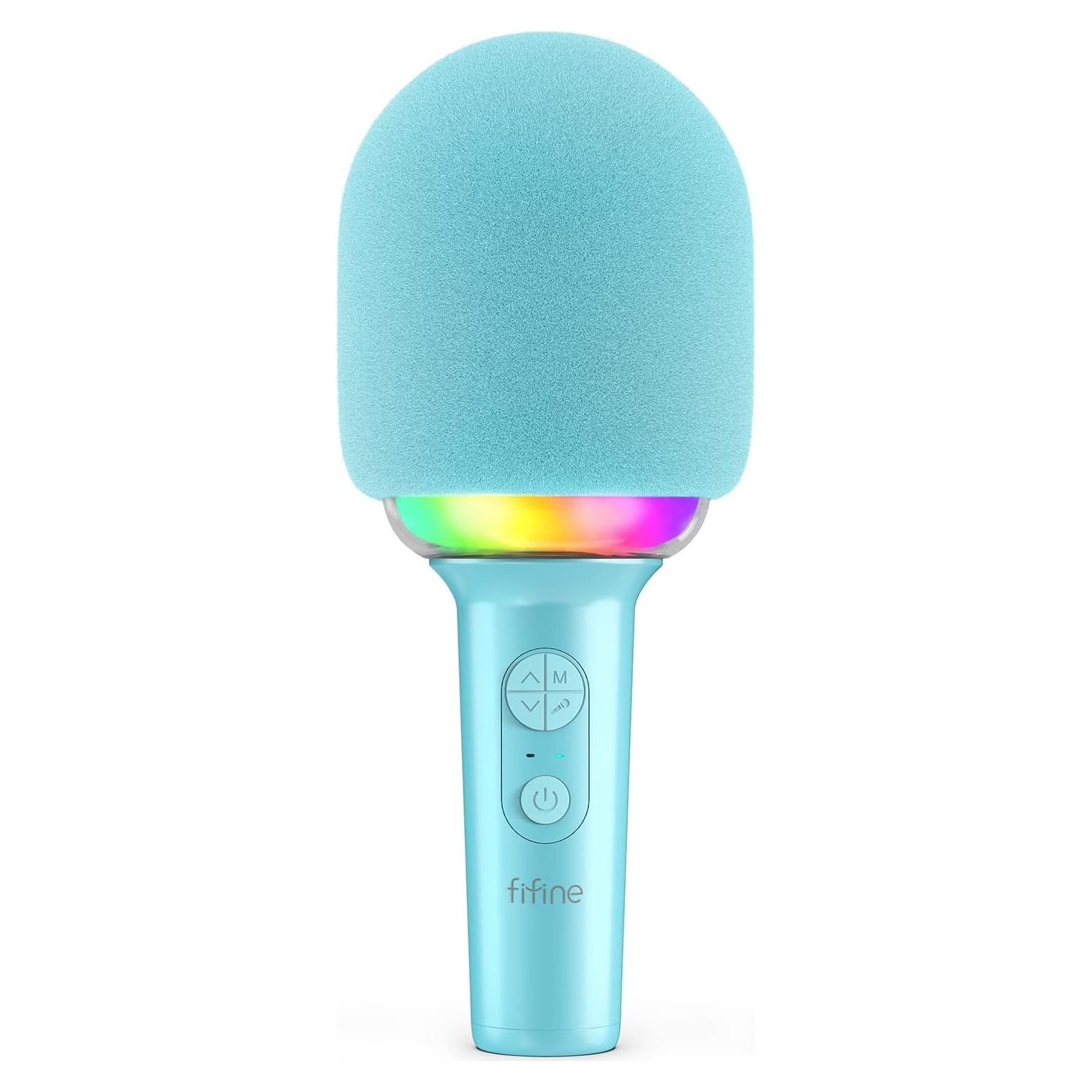 FIFINE Wireless Bluetooth Karaoke Microphone with Built-in Speaker, Portable Singing Microphone for Kids Adults Party Gifts with RGB LED Lights, Magic Voice, for Phone-AmpliSing E2 Blue