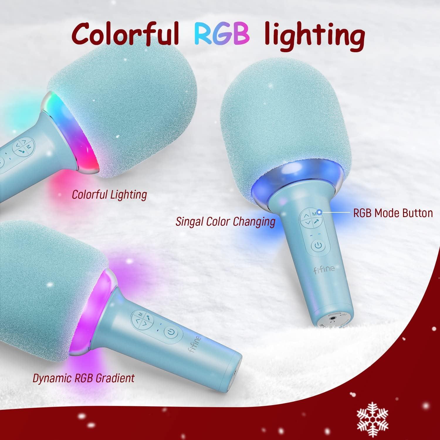 FIFINE Wireless Bluetooth Karaoke Microphone with Built-in Speaker, Portable Singing Microphone for Kids Adults Party Gifts with RGB LED Lights, Magic Voice, for Phone-AmpliSing E2 Blue