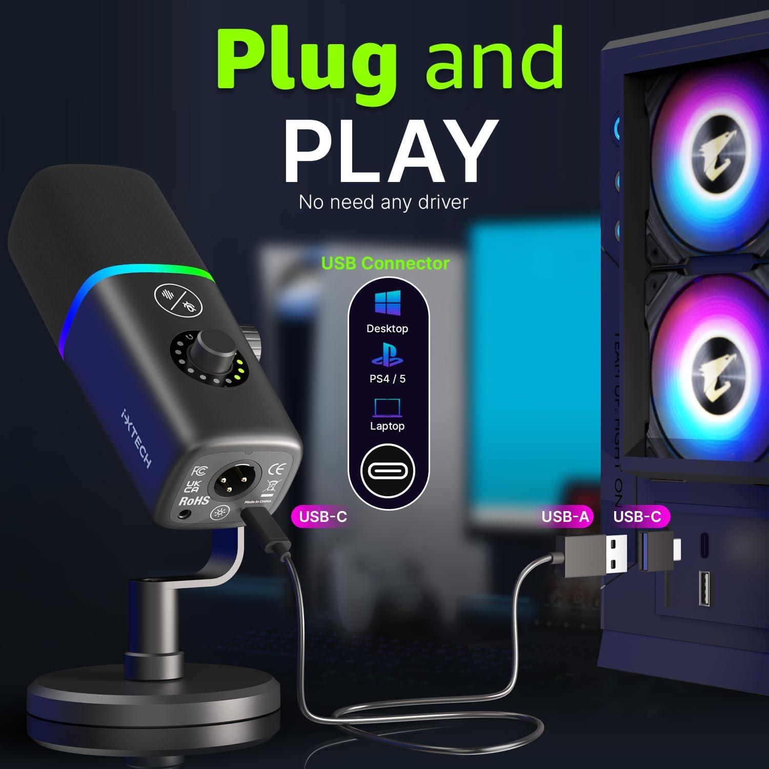 Micrófono USB IXTECH Gaming Negro con Cancelación de Ruido