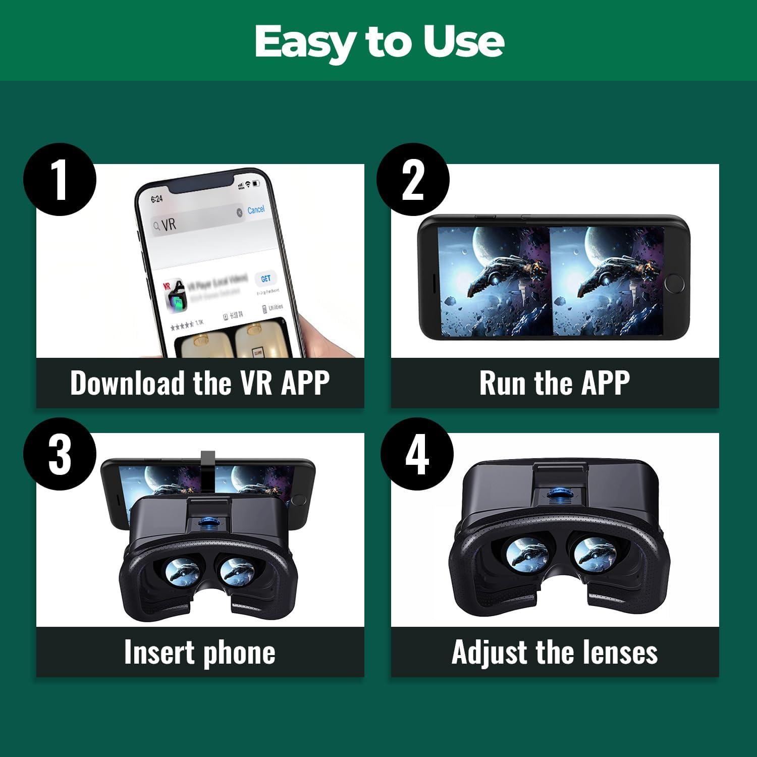 VR Headset for Phone, Virtual Reality Goggles Set vr Headsets for Kids and Adults for VR Game Video Movies Education, Compatible with iPhone 16/15/14/13/12 Samsung Android 4.5-6.7"