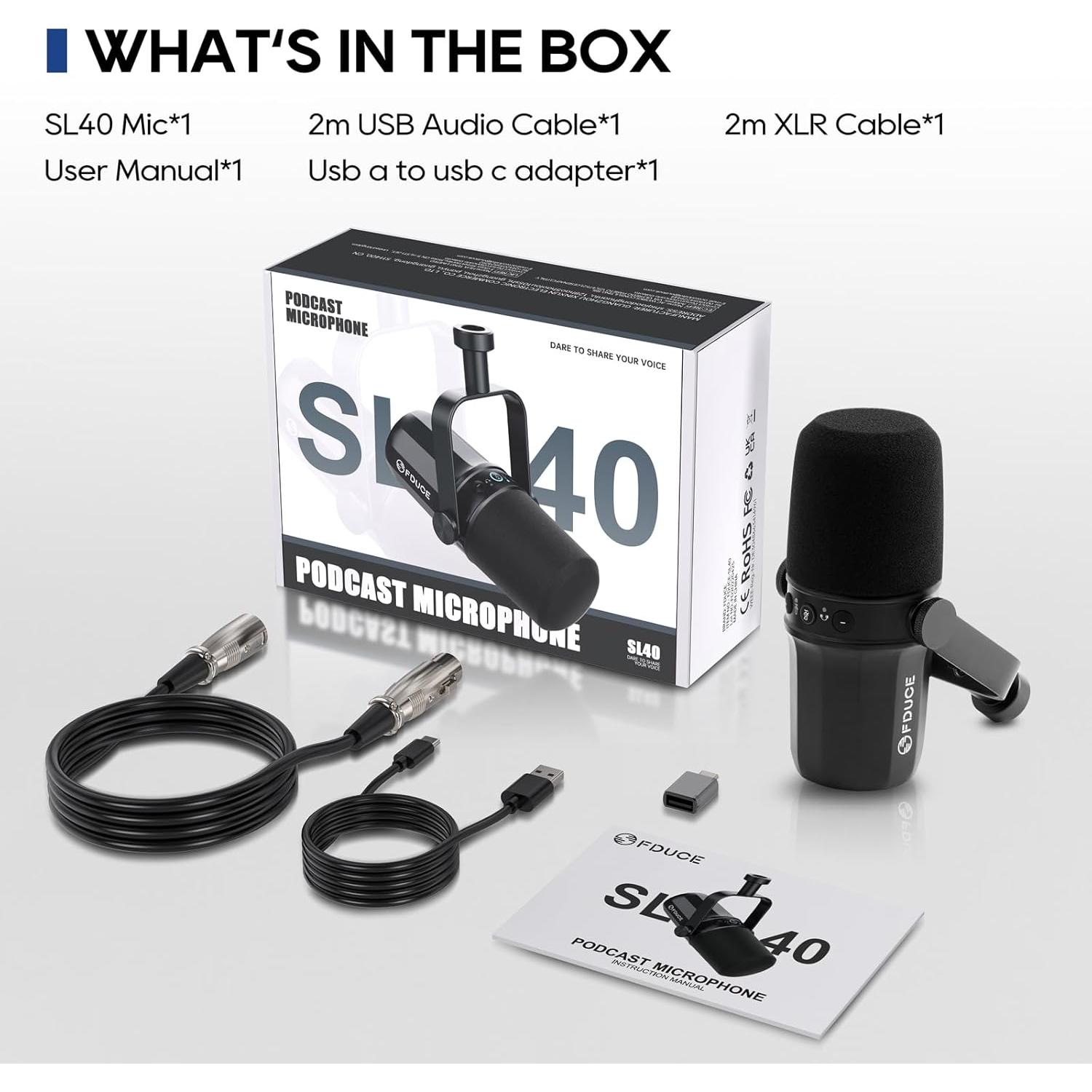 Micrófono Dinámico USB/XLR FDUCE SL40 para Podcasting y Gaming