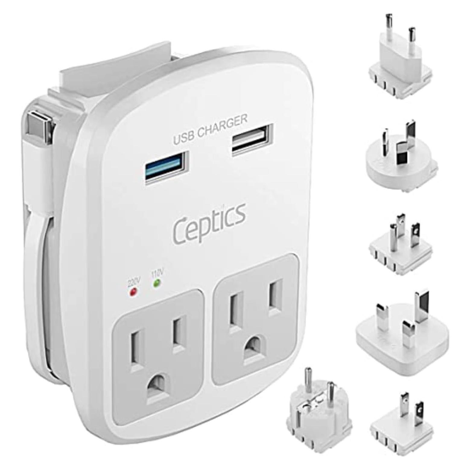 Adaptador de Viaje Universal Ceptics WPS-2B+ con 2 USB-A y USB-C