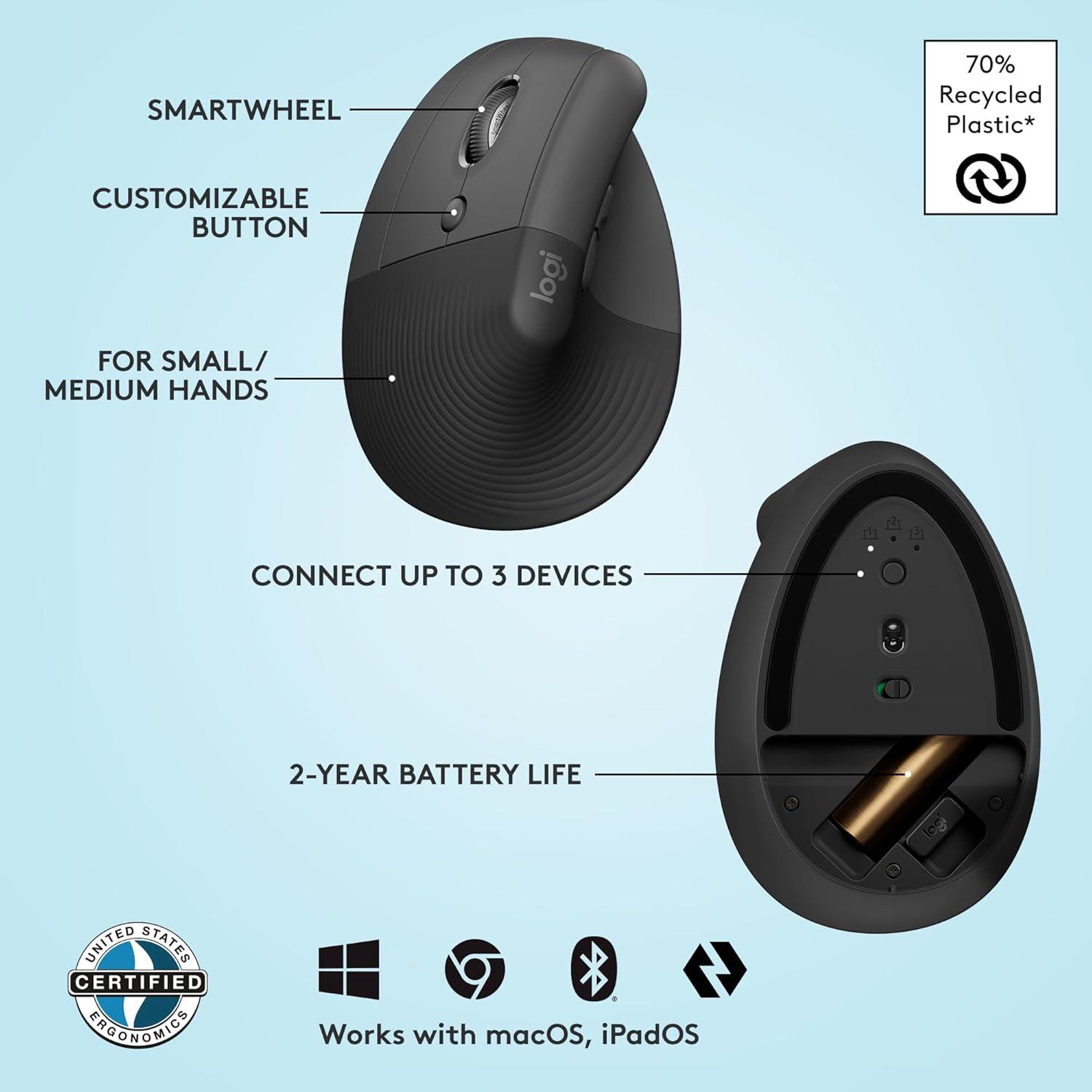 Mouse Ergonómico Vertical Logitech Lift para Mano Izquierda - Inalámbrico Bluetooth