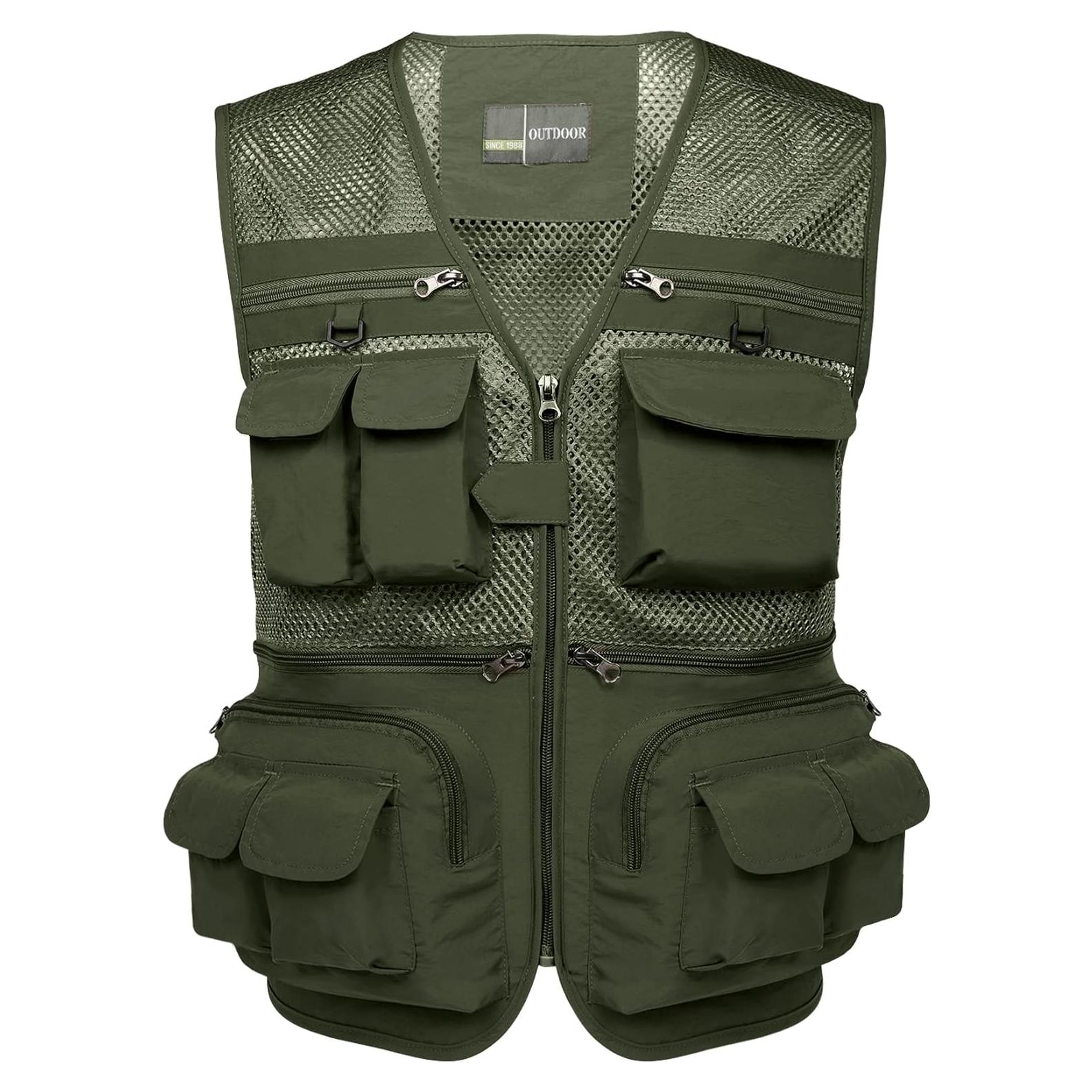 Chaleco de Pesca Flygo para Hombre 16 Bolsillos Verde Ejercito