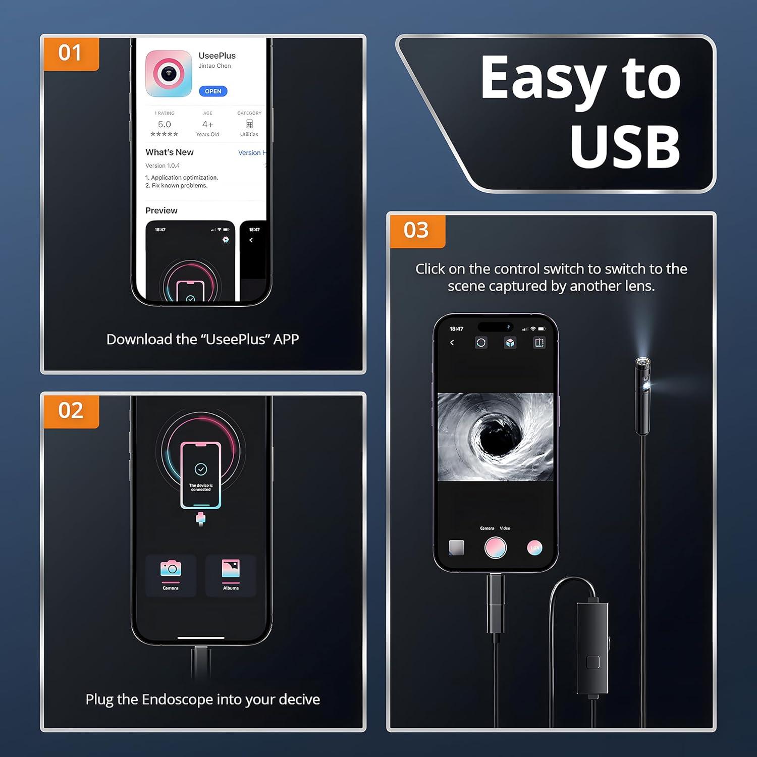 Borescopio Doble Lente Fulljion 1920P con Luz LED 5m