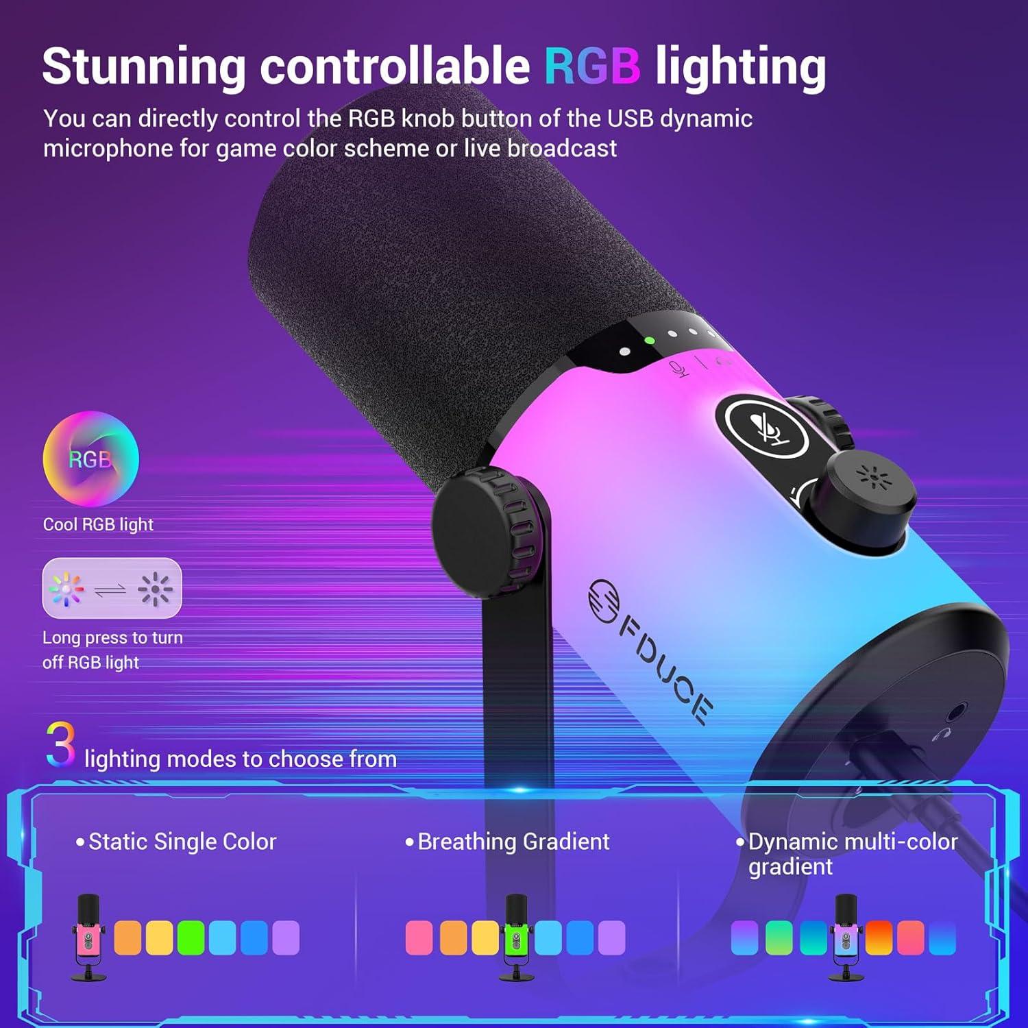 Micrófono Dinámico USB/XLR FDUCE D20+ con Soporte y RGB