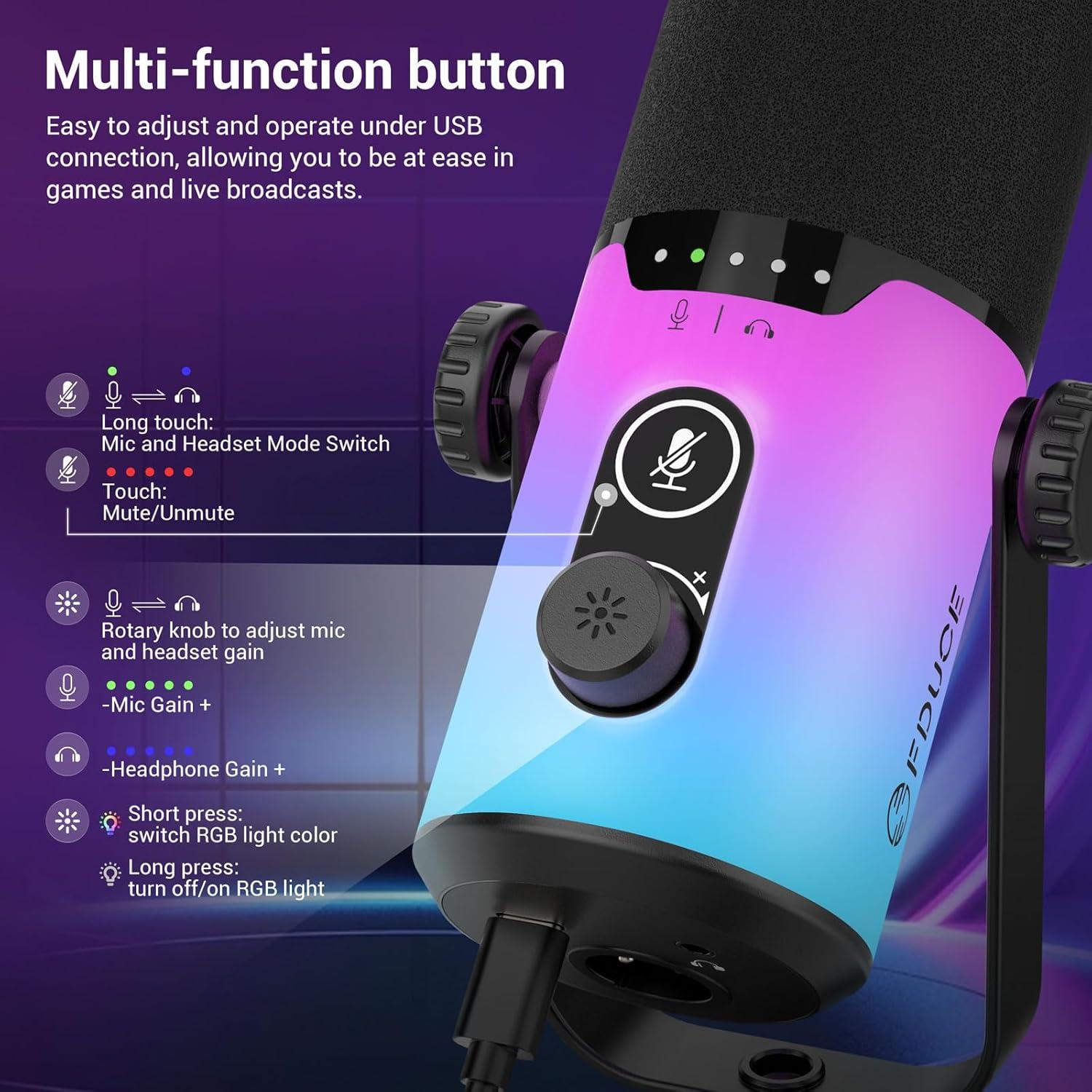 Micrófono Dinámico USB/XLR FDUCE D20+ con Soporte y RGB