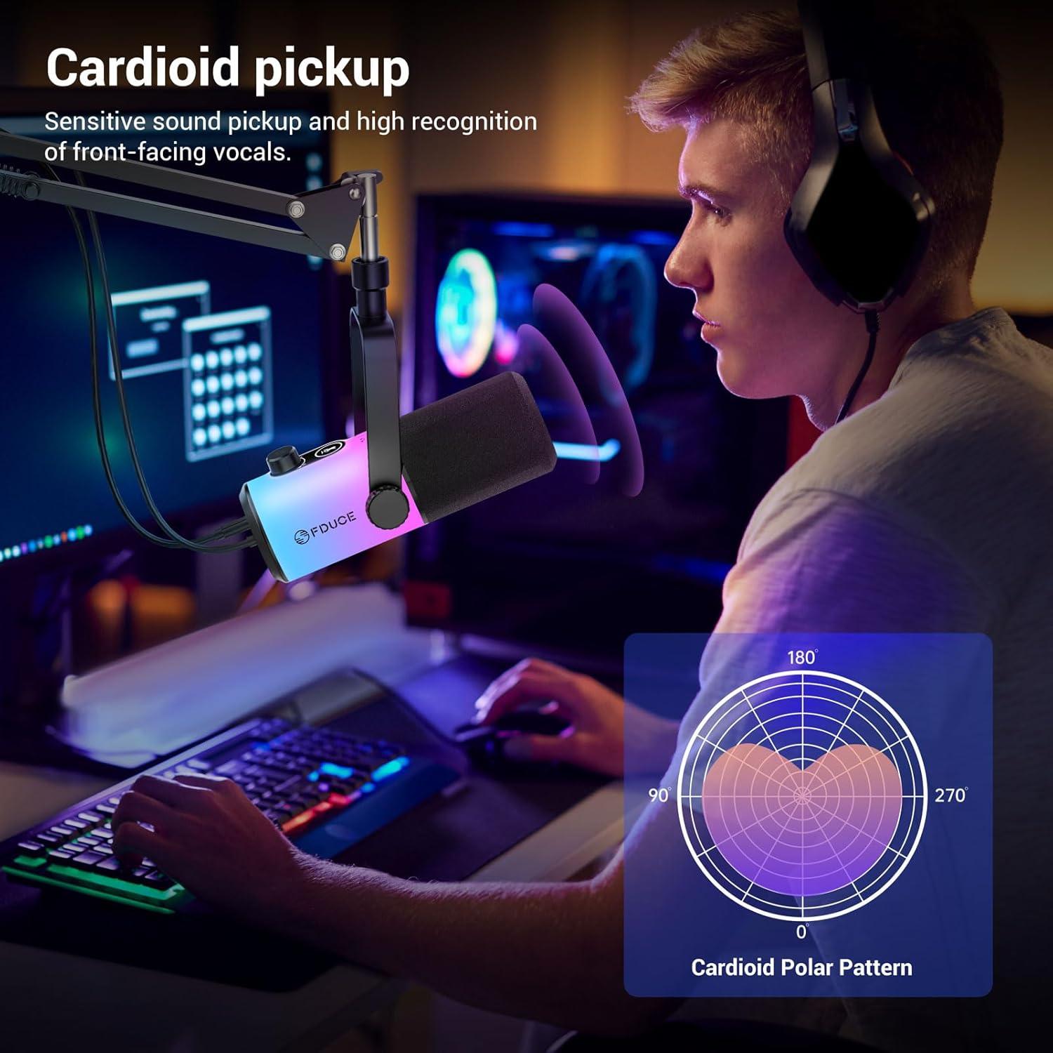 Micrófono Dinámico USB/XLR FDUCE D20+ con Soporte y RGB