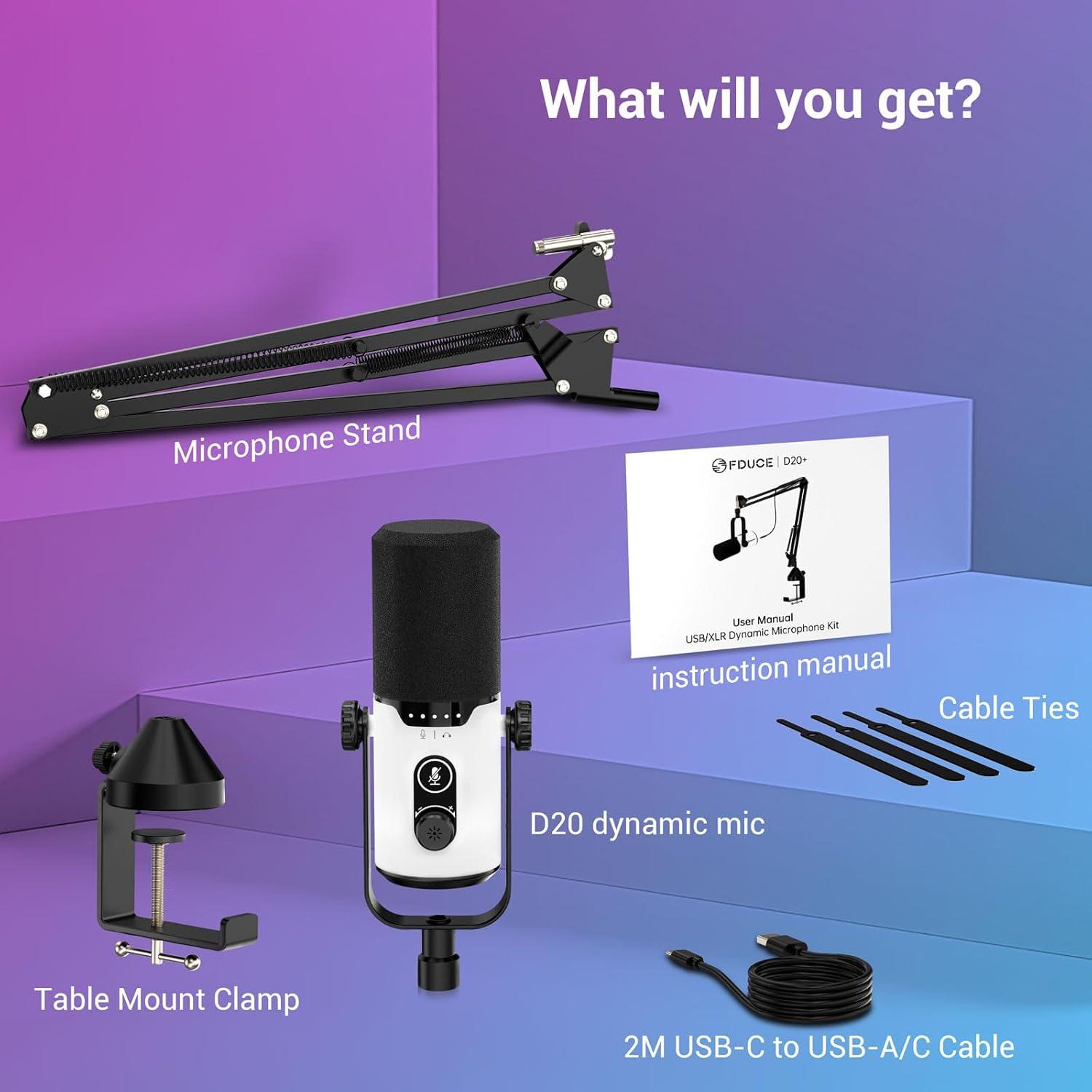 Micrófono Dinámico USB/XLR FDUCE D20+ con Soporte y RGB