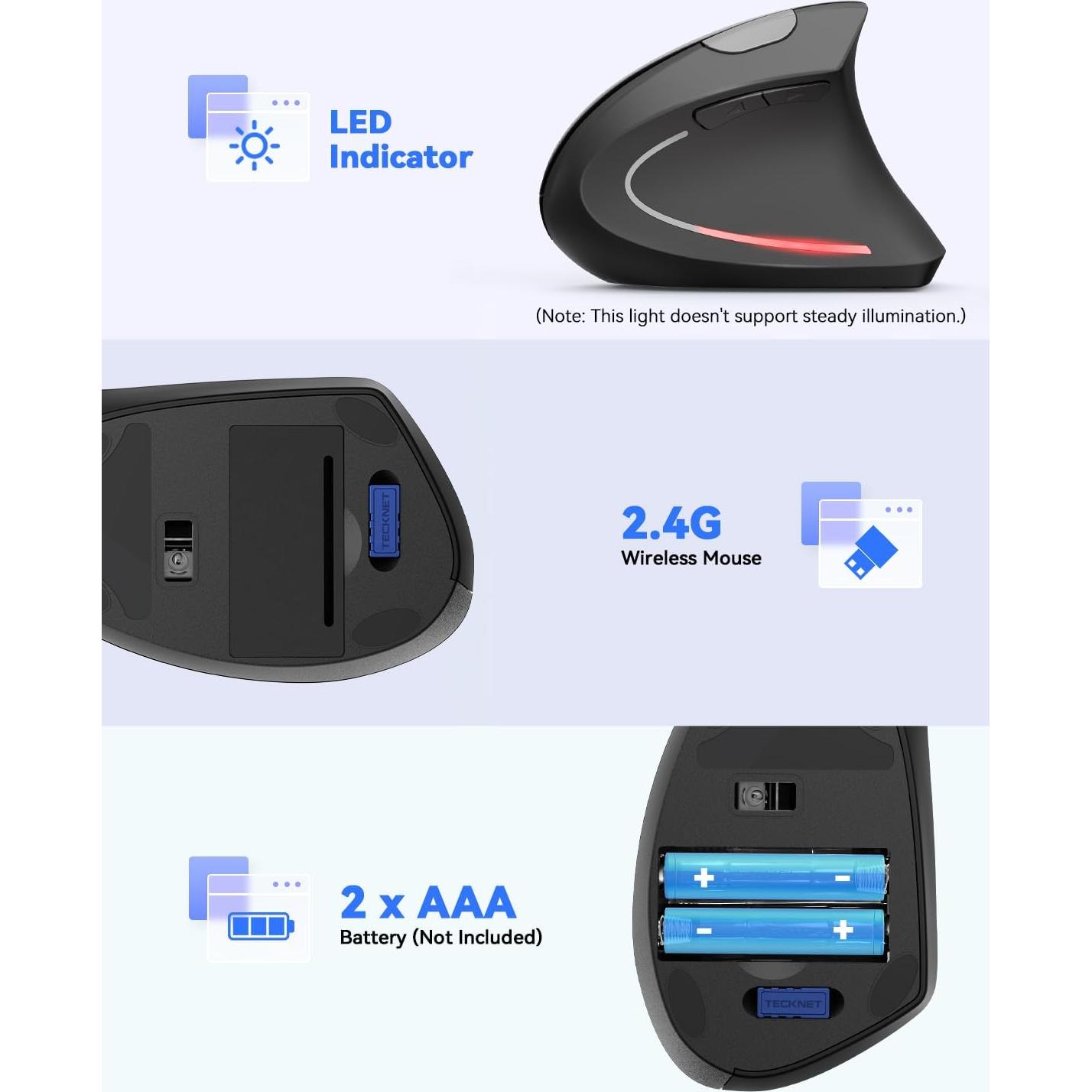Ratón Ergonómico TECKNET Vertical Inalámbrico 4800 DPI Negro