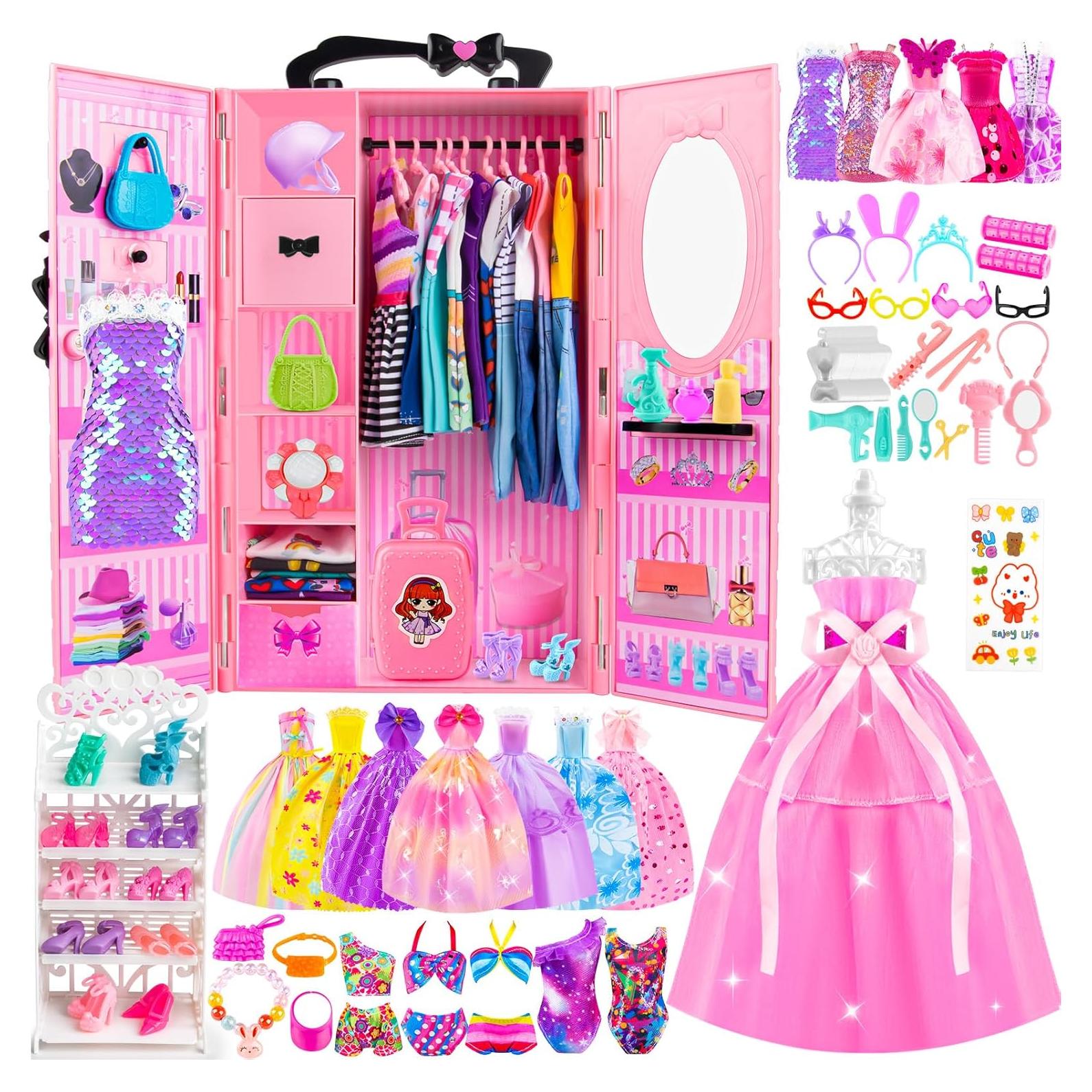 Juego de Ropa de Muñeca 137 Pcs TQRAZ con Armario Rosa