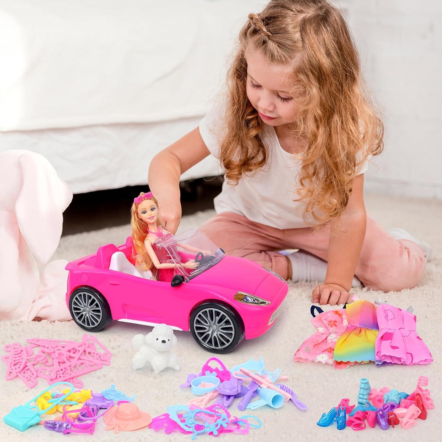 Set de Juguete Muñeca Rosa 29.2 cm con Coche Convertible y Accesorios