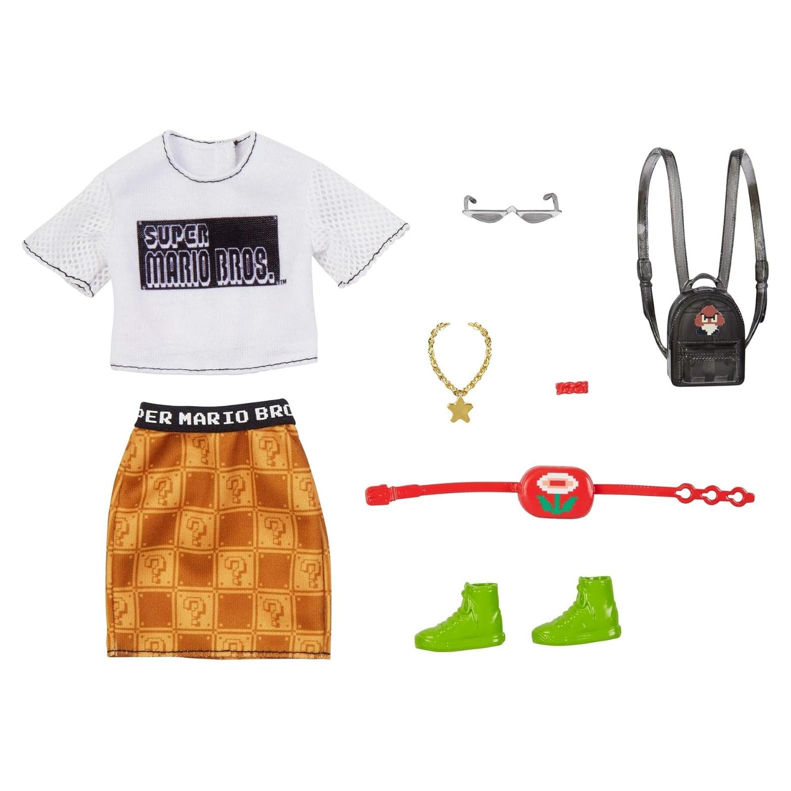 Paquete de Ropa de Moda Barbie Super Mario con 6 Accesorios