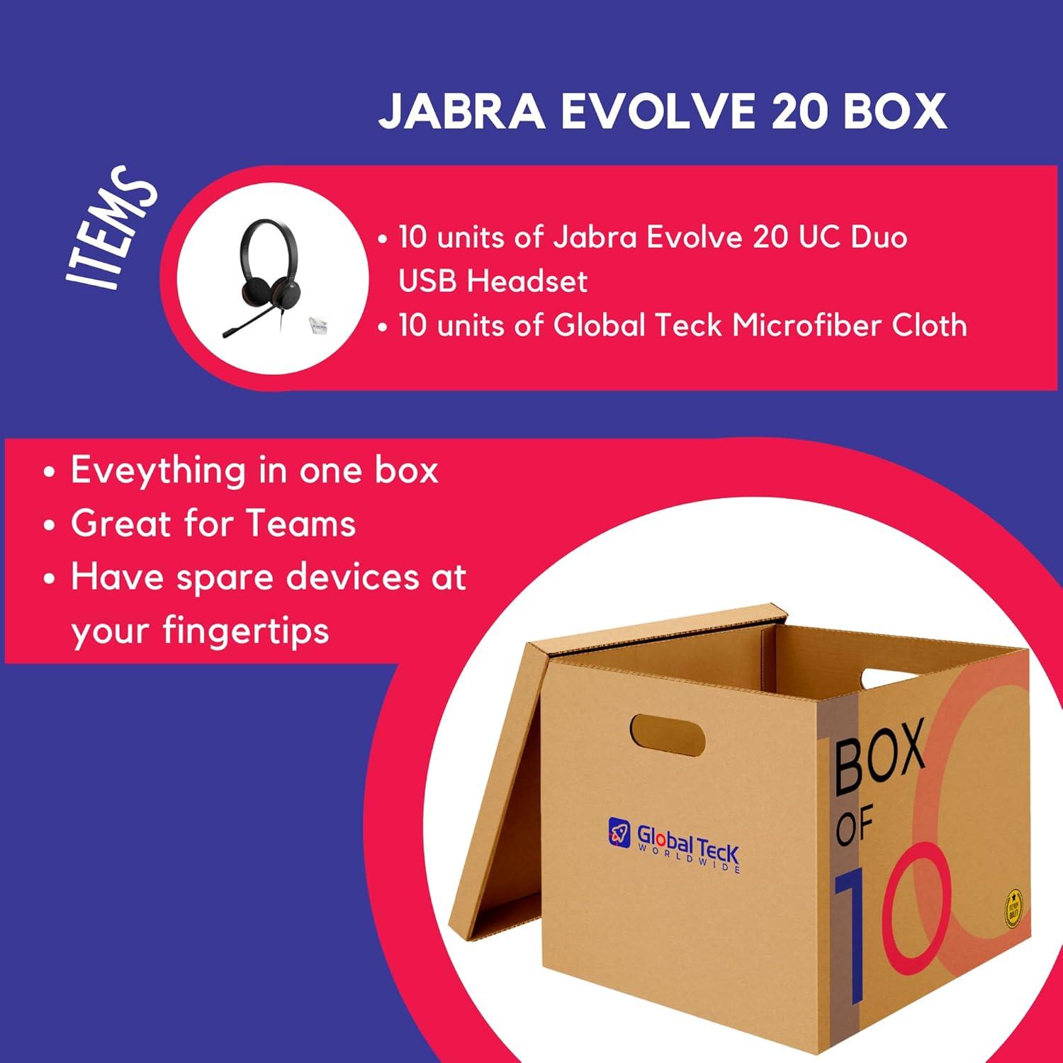 Jabra Evolve 20 MS Duo USB-A Wired Headset (10 Pack)- GTW Bundle with Microfiber Cloth (10 Pack) Office Headphones for Work