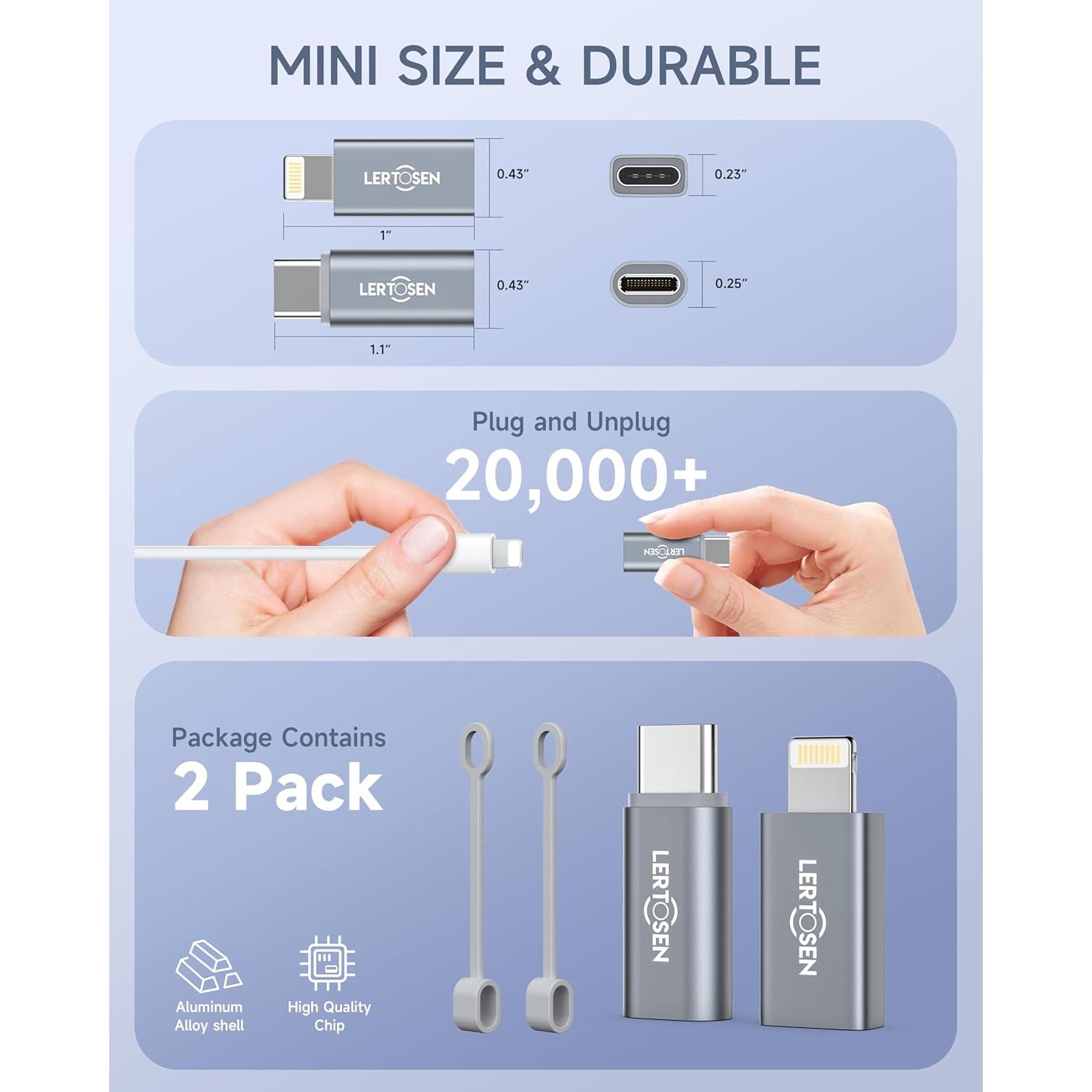 Paquete de 2 Adaptadores Lightning a USB-C LERTOSEN 27W