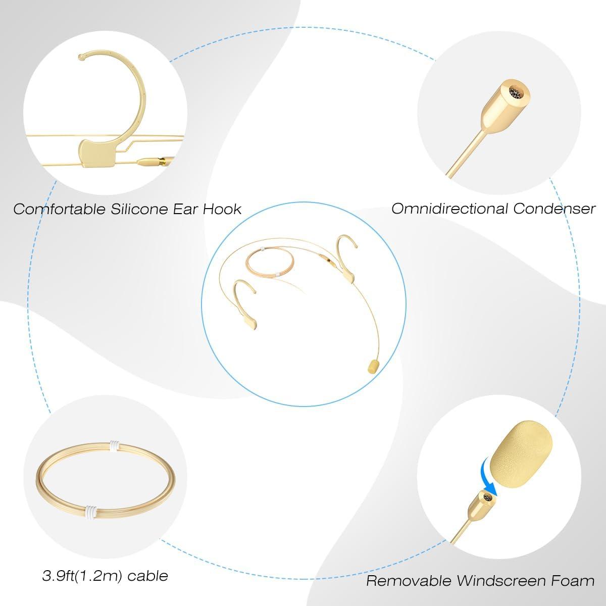 Headset/Headworn Microphone Professional Earset Over Ear Hanging Condenser Mic Compatible with AKG Wireless System Bodypack Transmitter, Ideal for Performance, Theater, Lecture - Beige D3