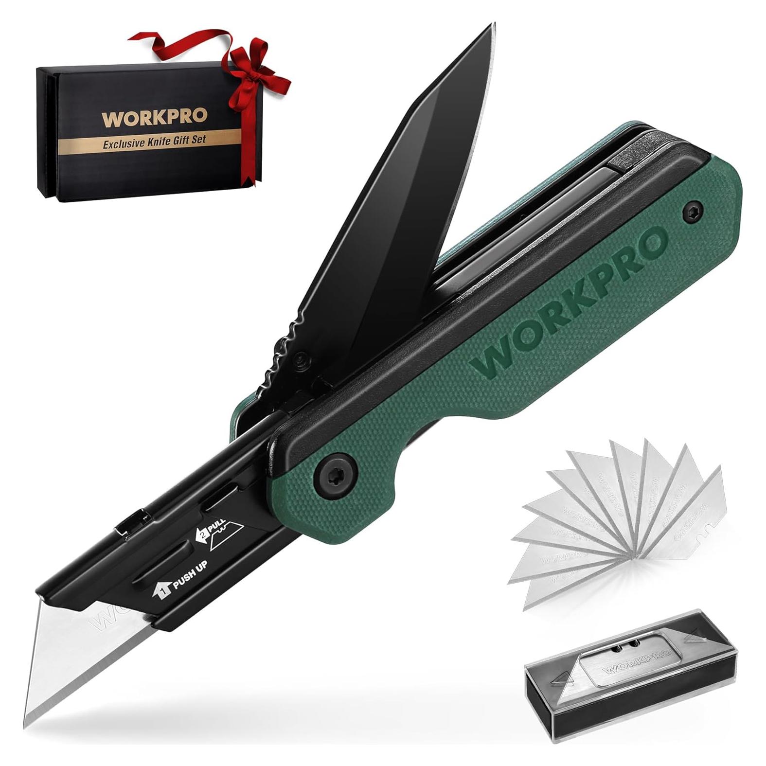 Cuchillo Plegable 2-en-1 WORKPRO G10 Verde con 10 Cuchillas SK5